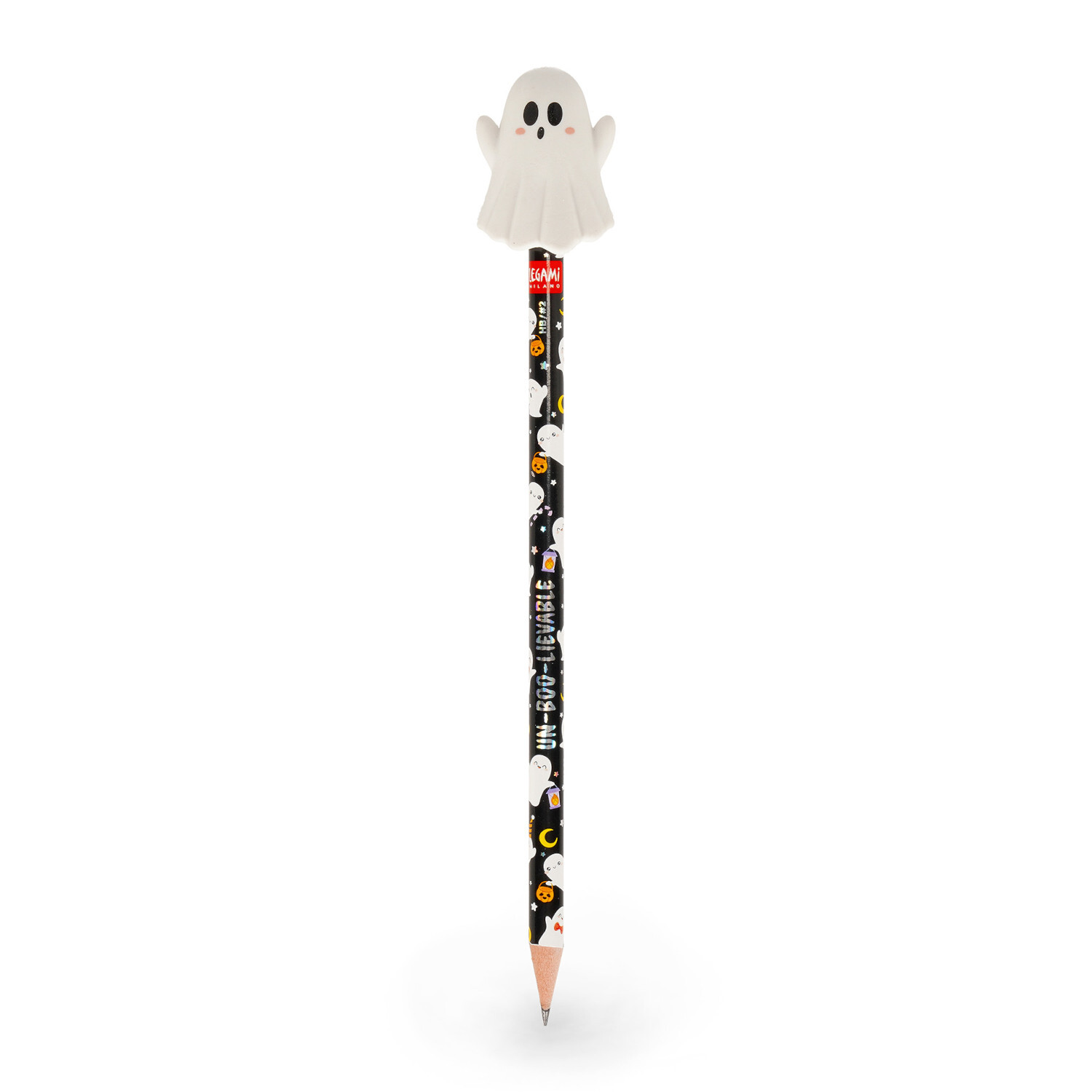 Bleistift mit Geist Radiergummi, schwarz mit bunten Motiven, Legami. Ideal für Halloween.