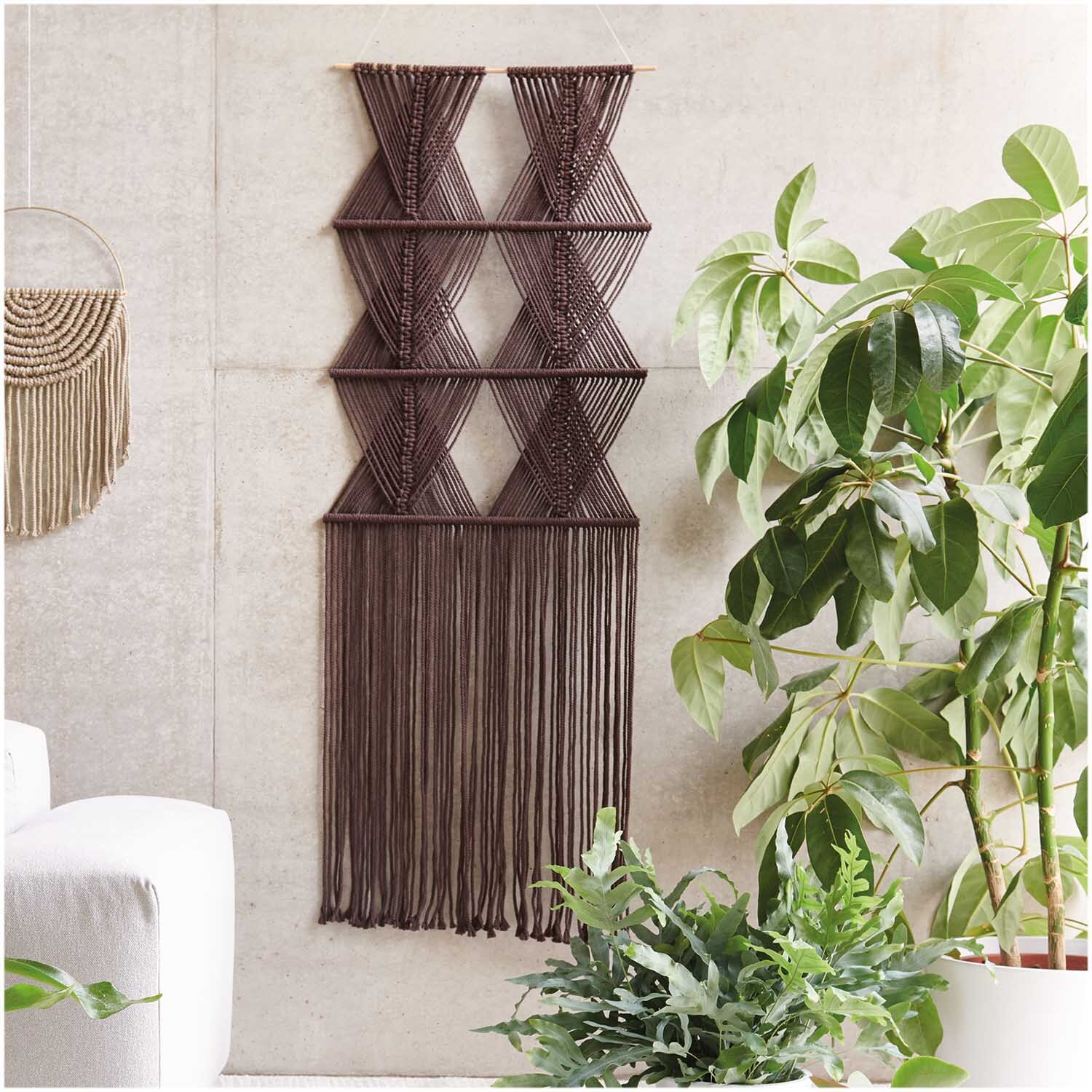 Creative Cotton Cord Makramee-Garn von Rico Design in Schokolade, dekorativ an einer Wand mit Pflanzen im Vordergrund.