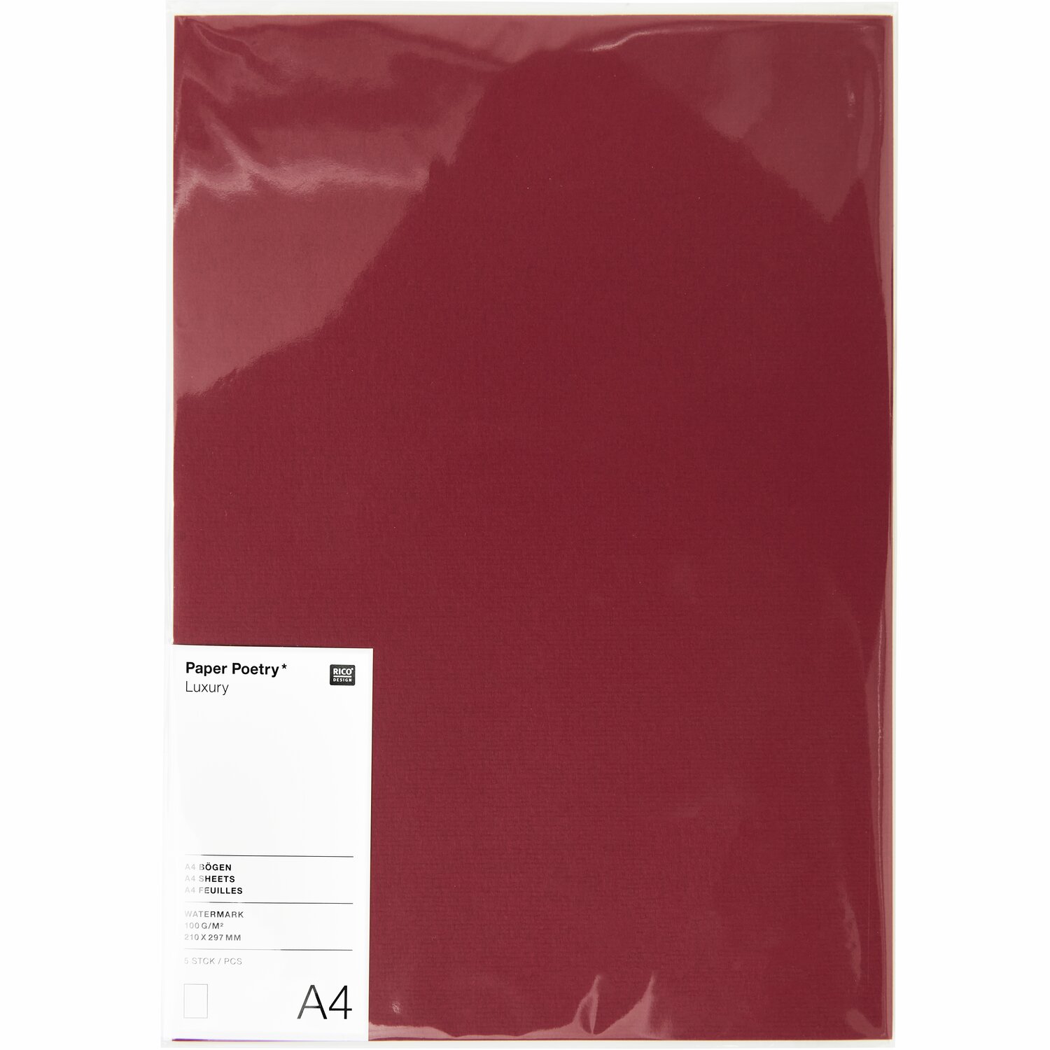 Paper Poetry Luxury Bögen A4 in edlem Weinrot, 5 Stück von Rico Design, ideal für kreative Projekte.