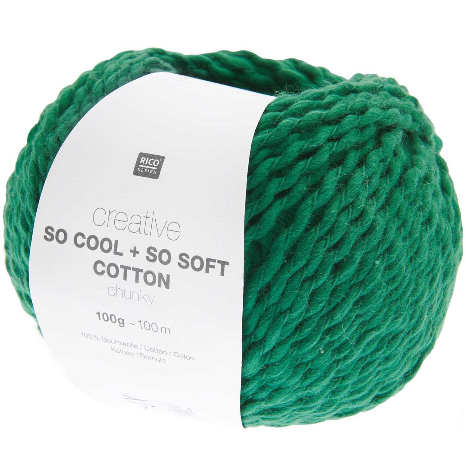 Creative So Cool + So Soft Cotton chunky: Grünes Baumwollgarn von Rico Design, 100g, 100m, ideal für weiche Strickprojekte.