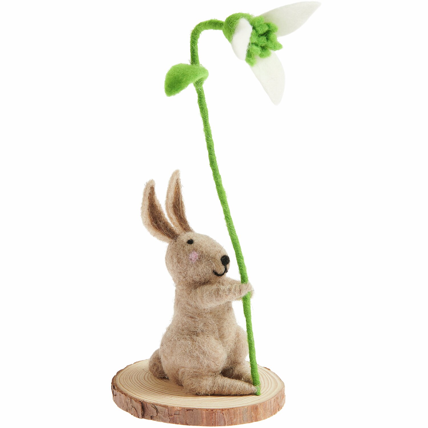 Filz-Hase mit Schneeglöckchen: Niedlicher brauner Hase aus Filz hält ein grünes Schneeglöckchen.