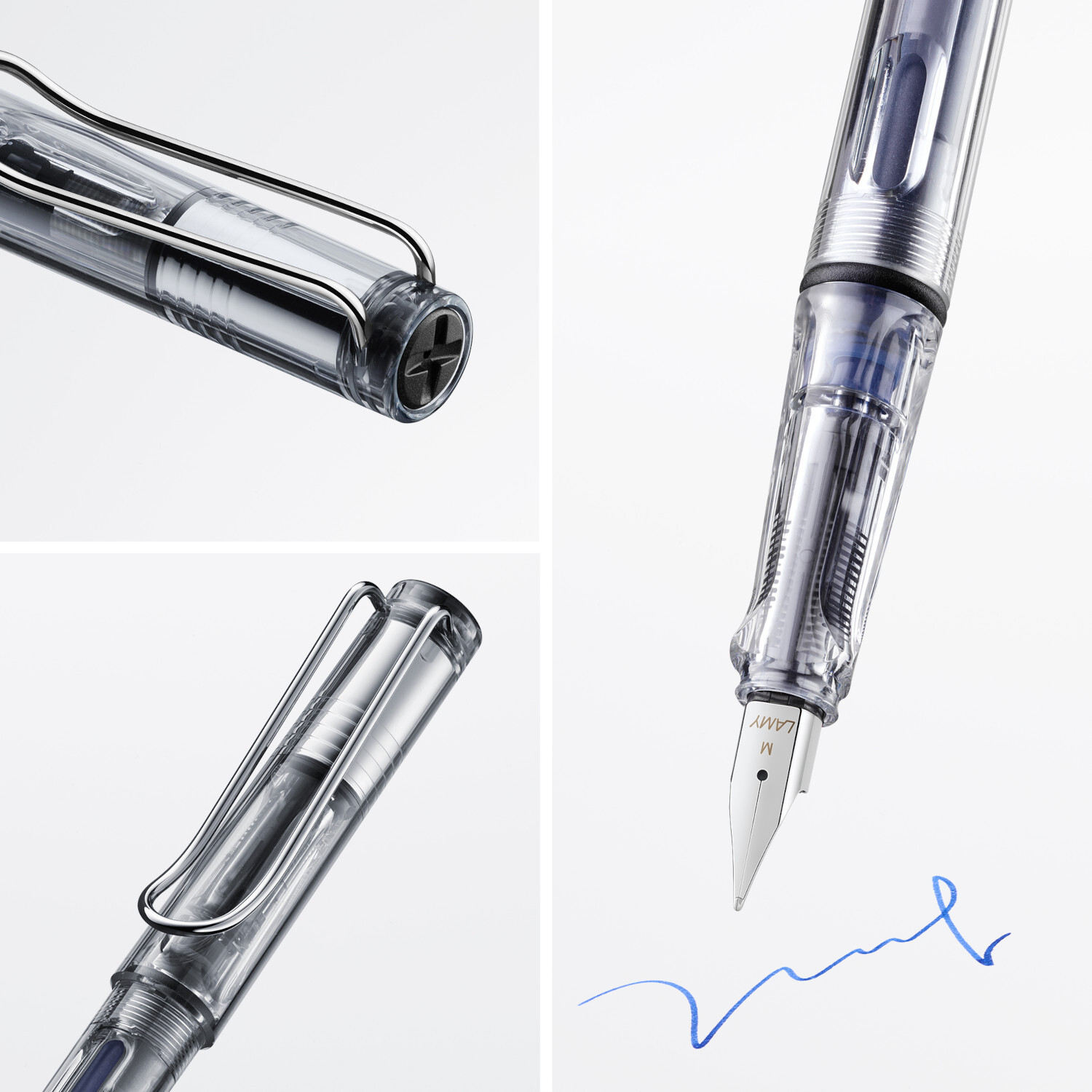 Füllhalter vista von Lamy mit transparenter Hülle und Feder M, zeigt blaue Tinte beim Schreiben.