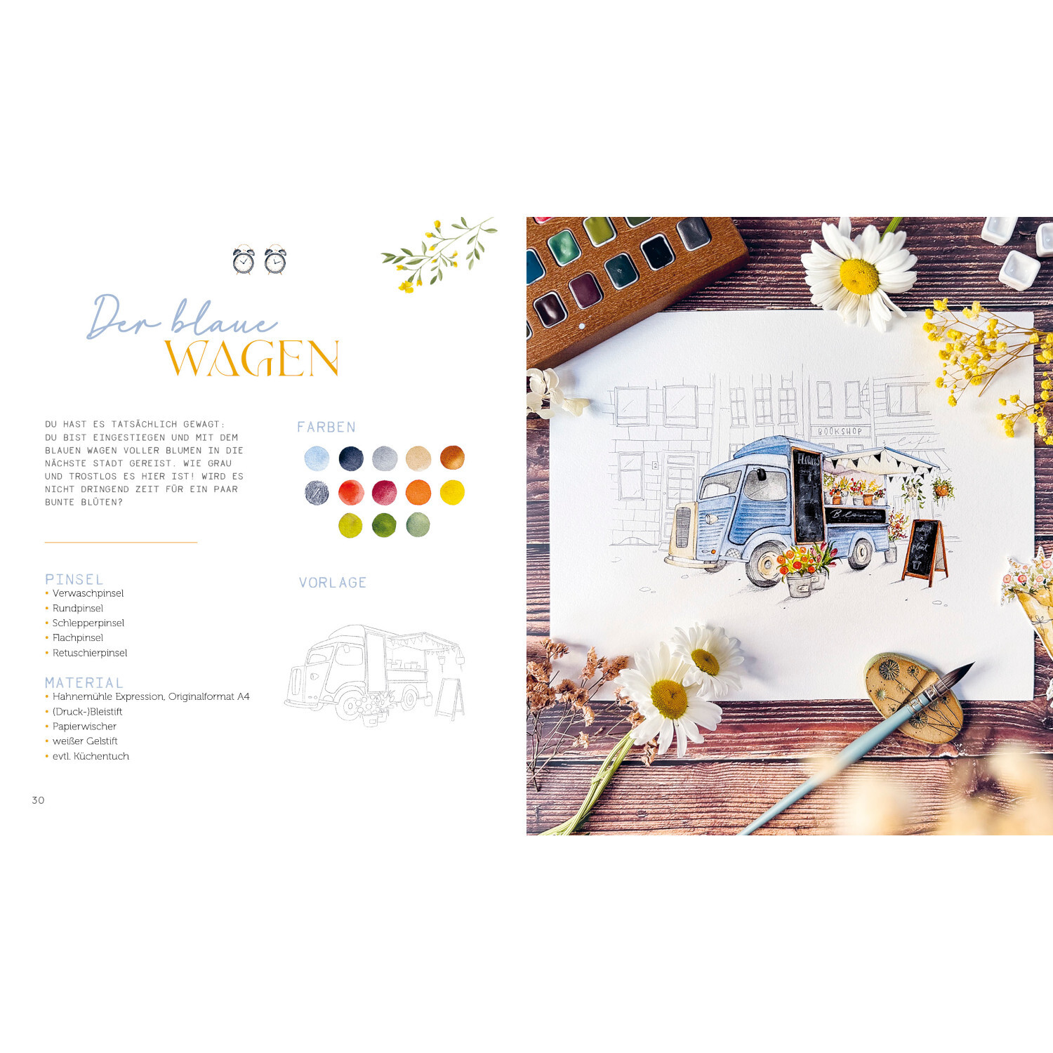 Secret Places - Watercolor: Aquarellbild eines blauen Wagens mit Blumen, Pinsel und Farben.