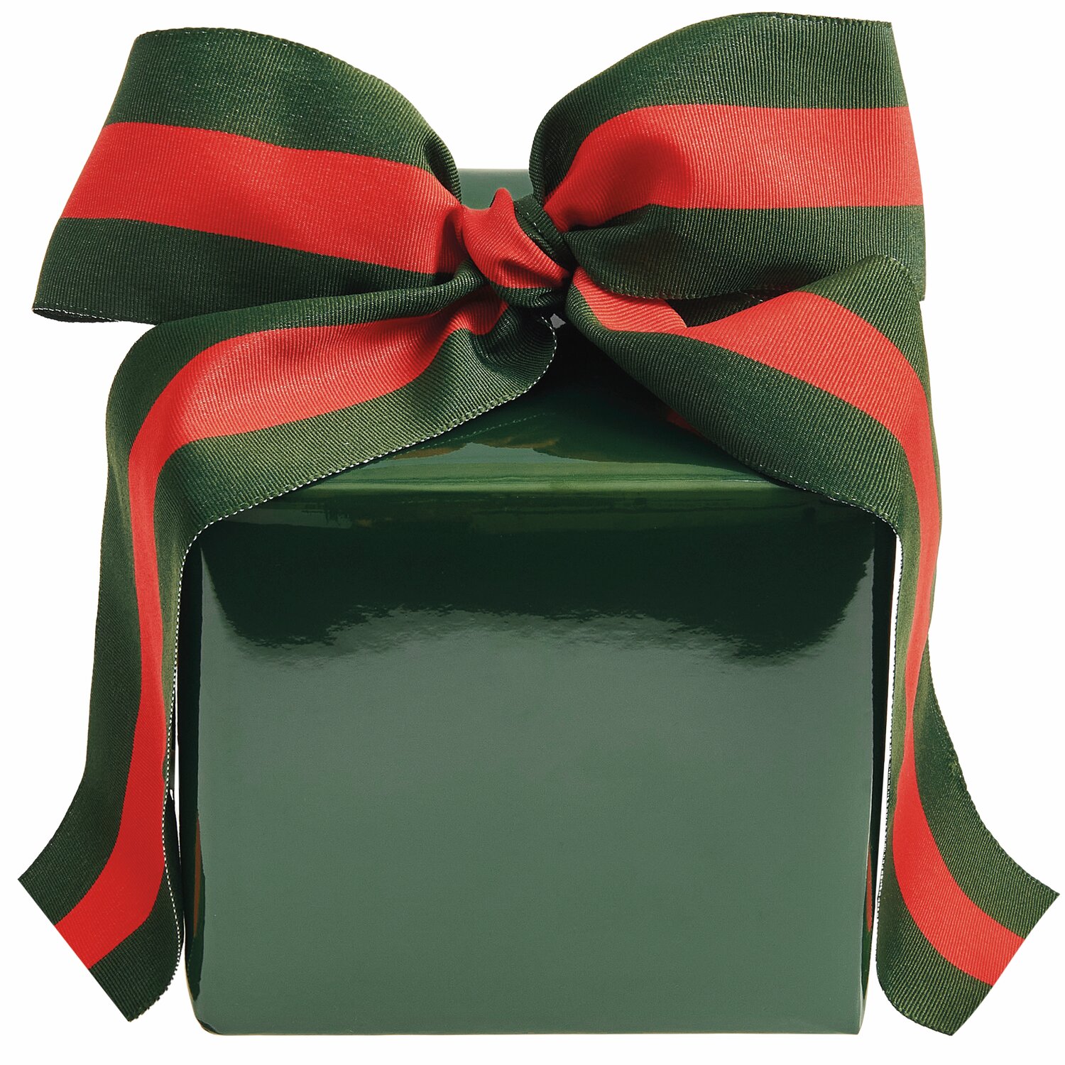 Geschenkpapier Lack 200x70cm: Elegantes Geschenk in grünem Papier mit rot-grüner Schleife.