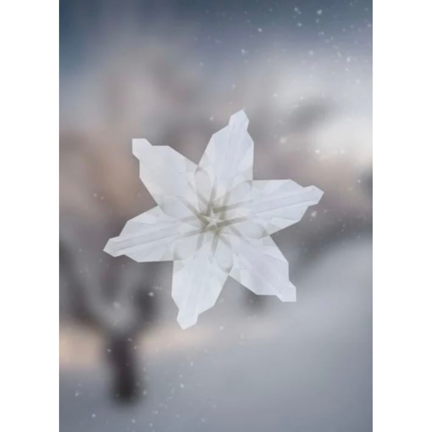 Schneekristalle aus Transparentpapier, zart und filigran, schweben vor einem winterlichen Hintergrund.