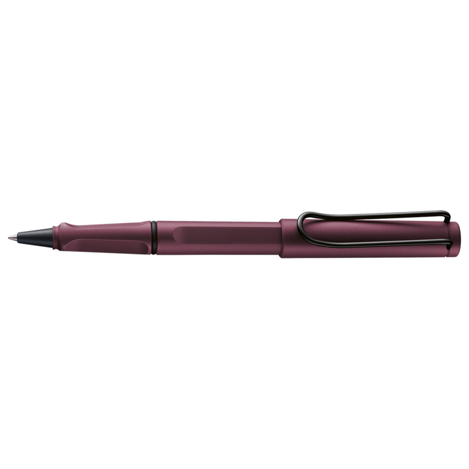 Tintenpatronenroller safari, Lamy, schlanker Rollerball in dunklem Rotton mit schwarzem Clip, ergonomischem Griff und abnehmbarer Kappe auf weißem Hintergrund