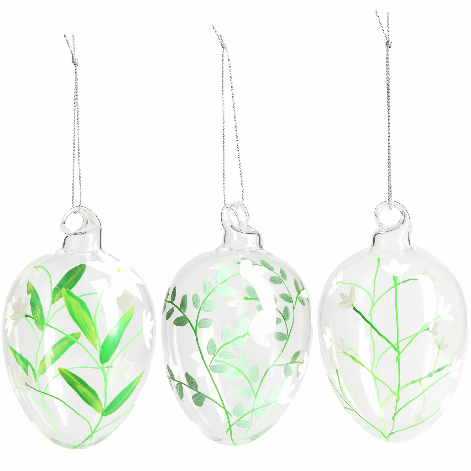 Glas Eier zarte Blüten 3 Stück, dekorative transparente Anhänger mit grünen Pflanzenmotiven. Ideal für Frühlingsdekorationen, 11,5xØ7cm.