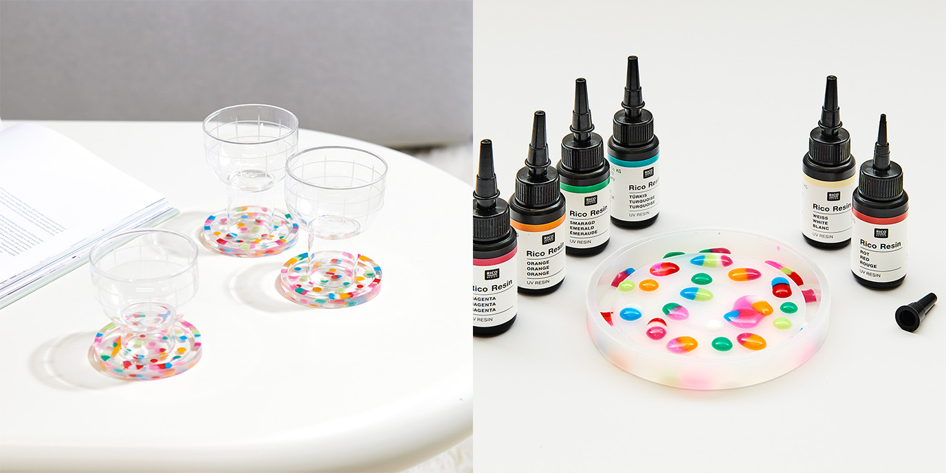 Zwei quadratische Bilder nebeneinander. Gläser mit Glasuntersetzern mit bunten Punkten und Silikonform mit buntem UV-Resin betropft.