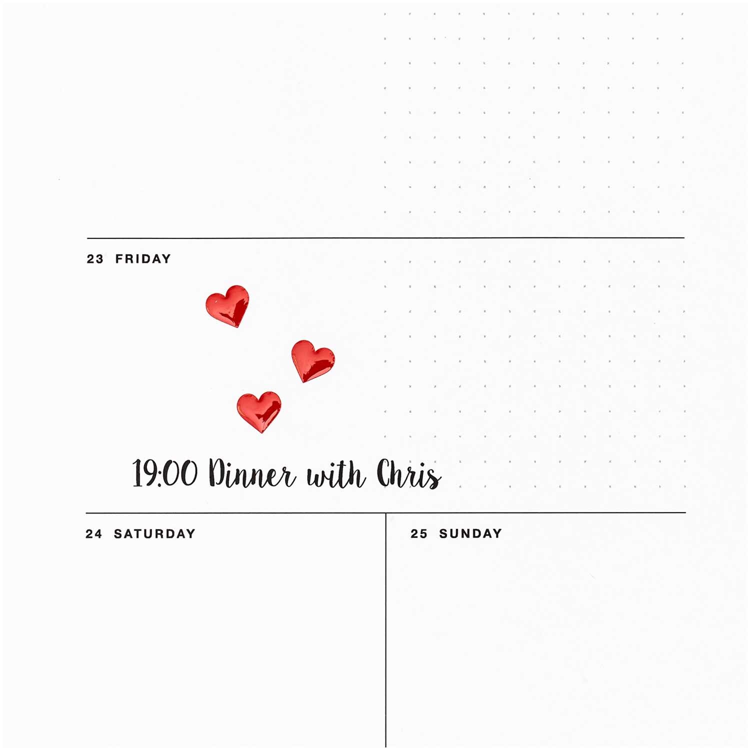 Paper Poetry Gelsticker Herzen klein Rot auf Kalenderseite mit Notiz "19:00 Dinner with Chris".