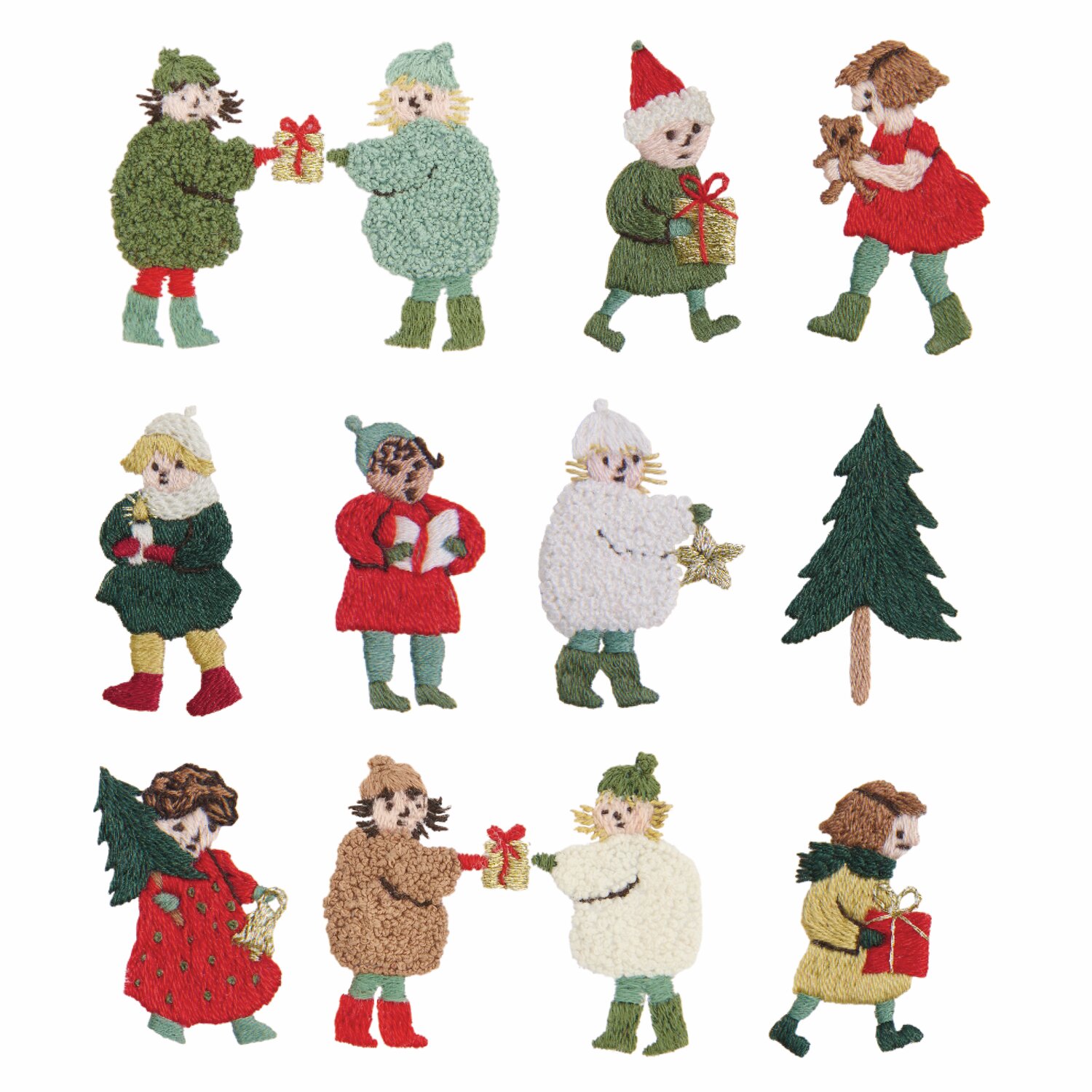 Stick & Stitch Stickpackung Kinder 15 Stück zeigt bunte, gestickte Kinder mit Geschenken und Weihnachtsbäumen. Ideal für kreative Projekte.