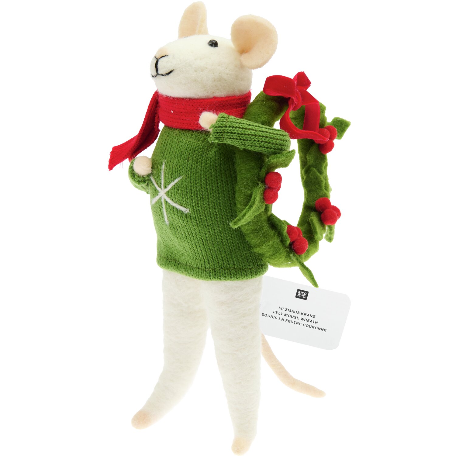 Filz-Maus mit Ilexkranz und grünem Strickpulli 22x10x10cm von Rico Design