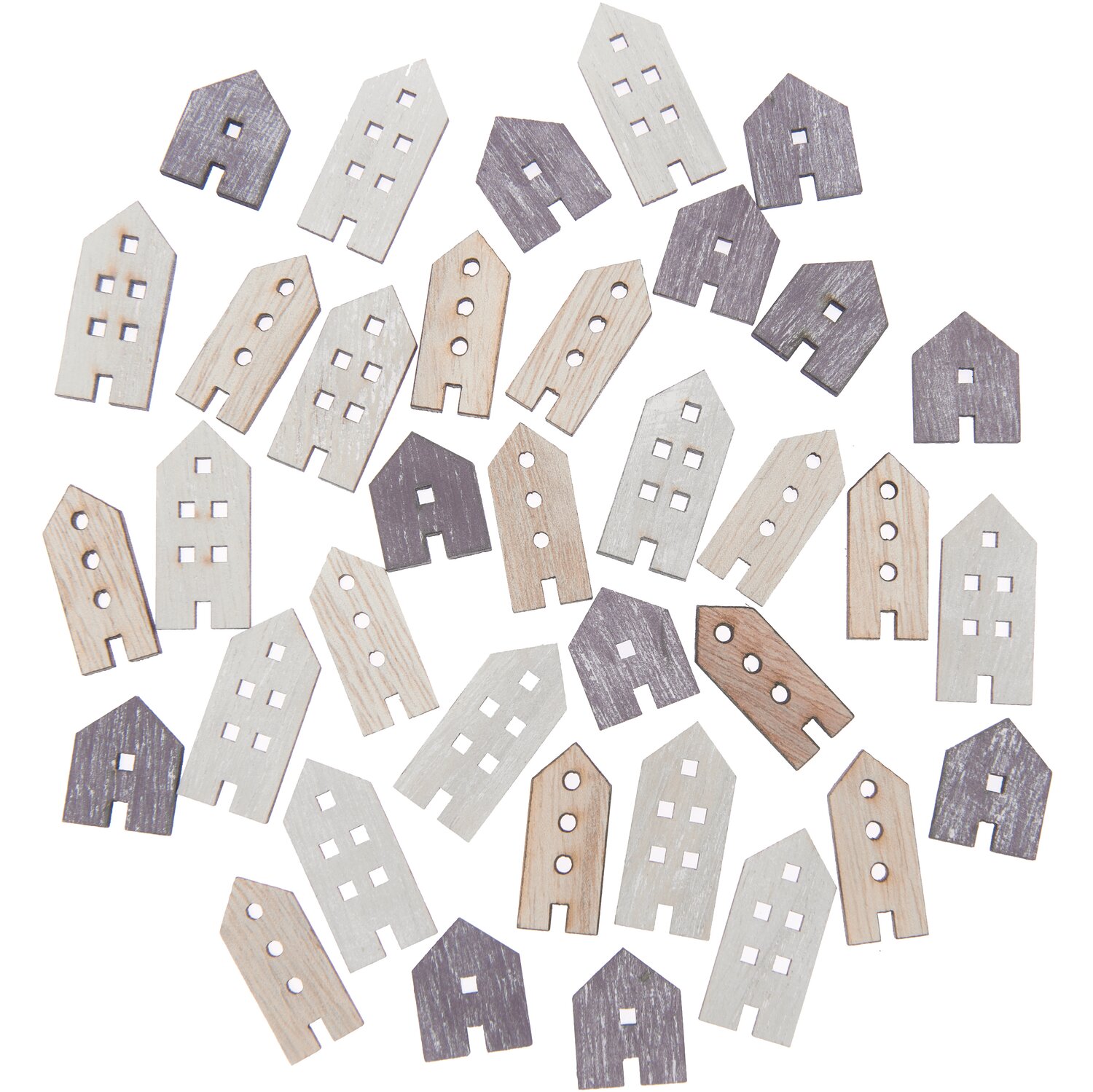 Holzstreu Hafenstadt Mix natur 36 Stück zeigt kleine, hölzerne Häuser in verschiedenen Naturtönen. Ideal für kreative Dekorationen.