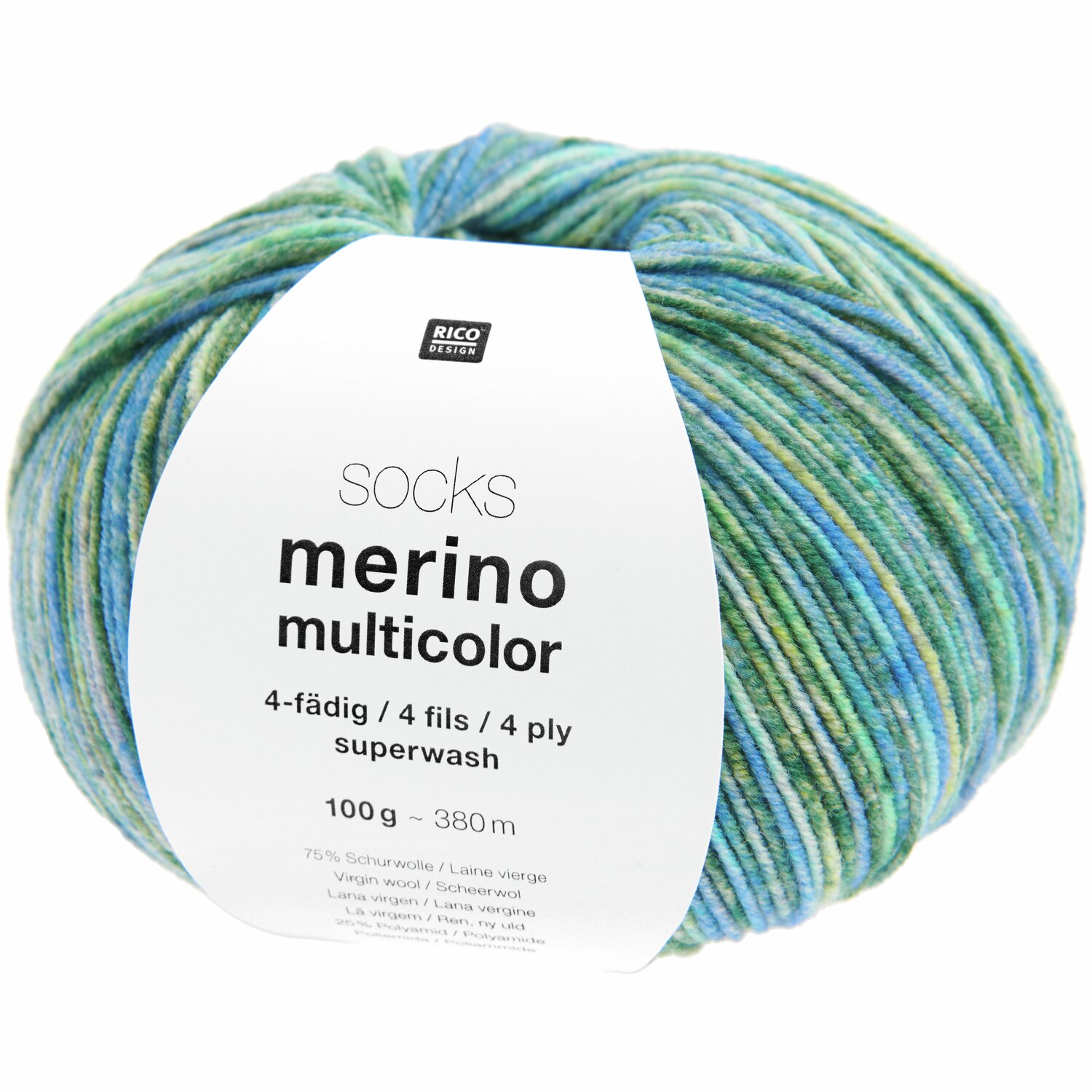 Socks Merino Multicolor 4-fädig 100g 380m Farbe Aqua von Rico Design Socks Merino Multicolor 4-fädig, 100g 380m, in Aqua von Rico Design, ideal für Strickprojekte.