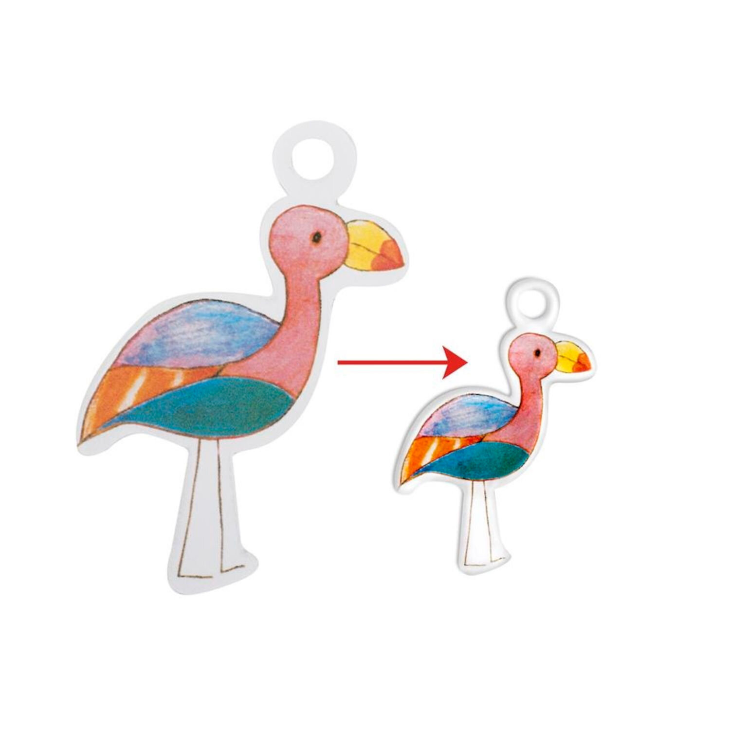 Schrumpffolie transparent A5 7 Bögen zeigt bemalten Vogelanhänger vor und nach dem Schrumpfen, ideal für kreative DIY-Schlüsselanhänger und Schmuckbasteleien.