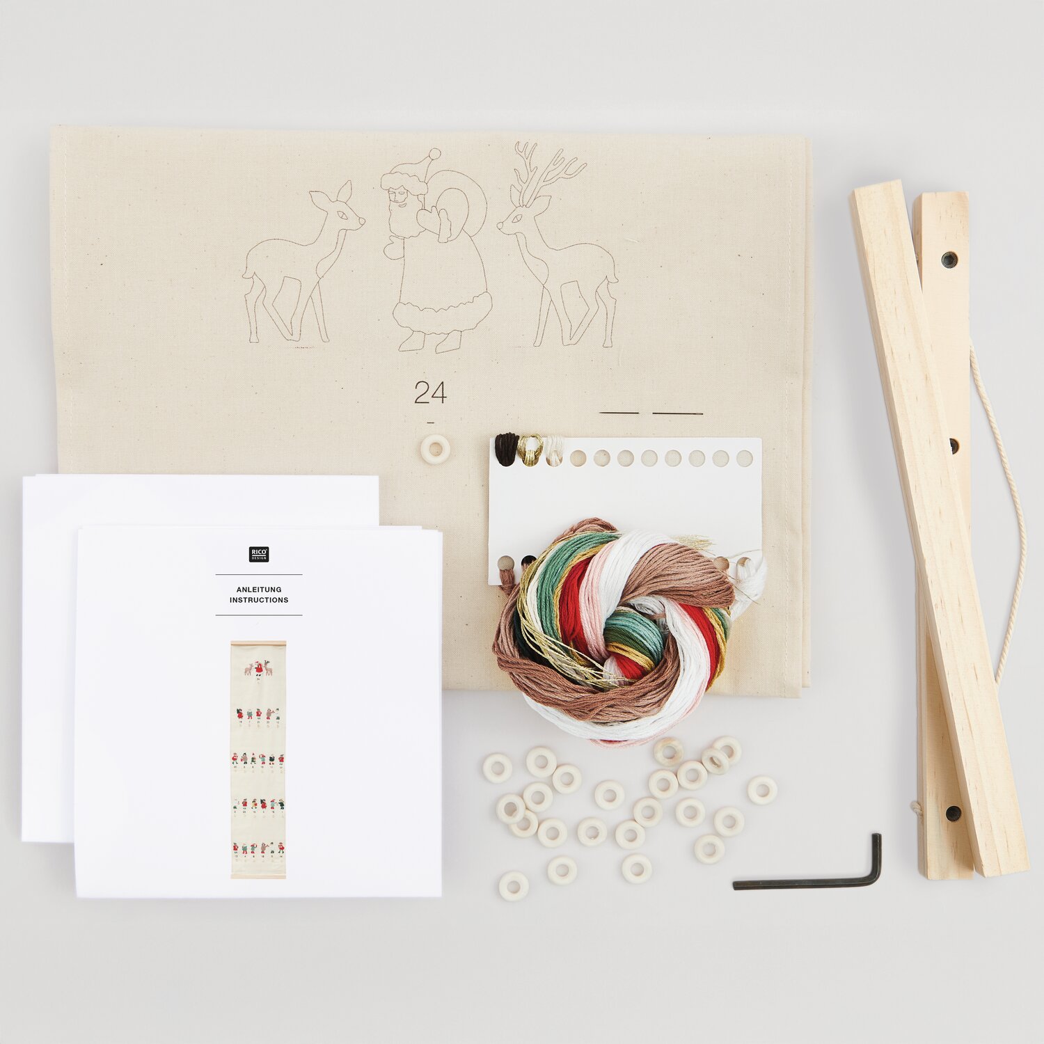 Stickpackung Adventskalender Kinder vorgezeichnet, 30x124cm, mit bunten Garnen und Holzrahmen. Ideal für kreative Weihnachtsprojekte.