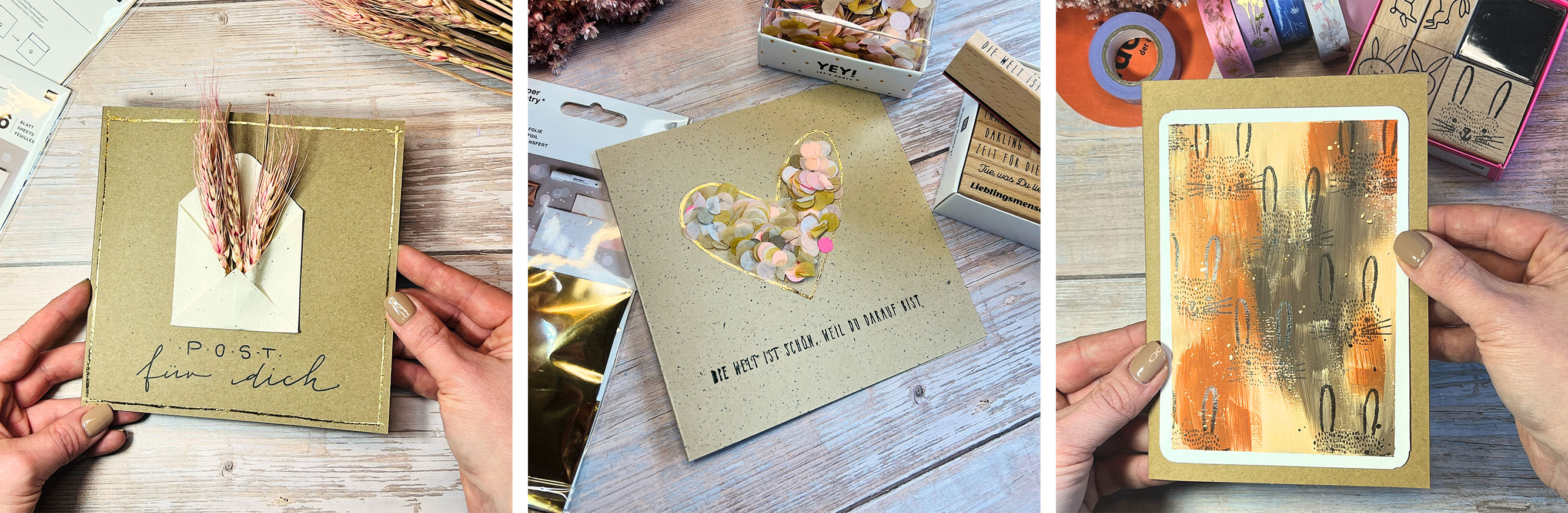 Drei quadratische Bilder aneinandergereiht. Eine Karte mit Mini-Umschlag und Trockenblume, eine Karte mit Konfetti-Herz und eine Karte mit gestempelten Hasen.