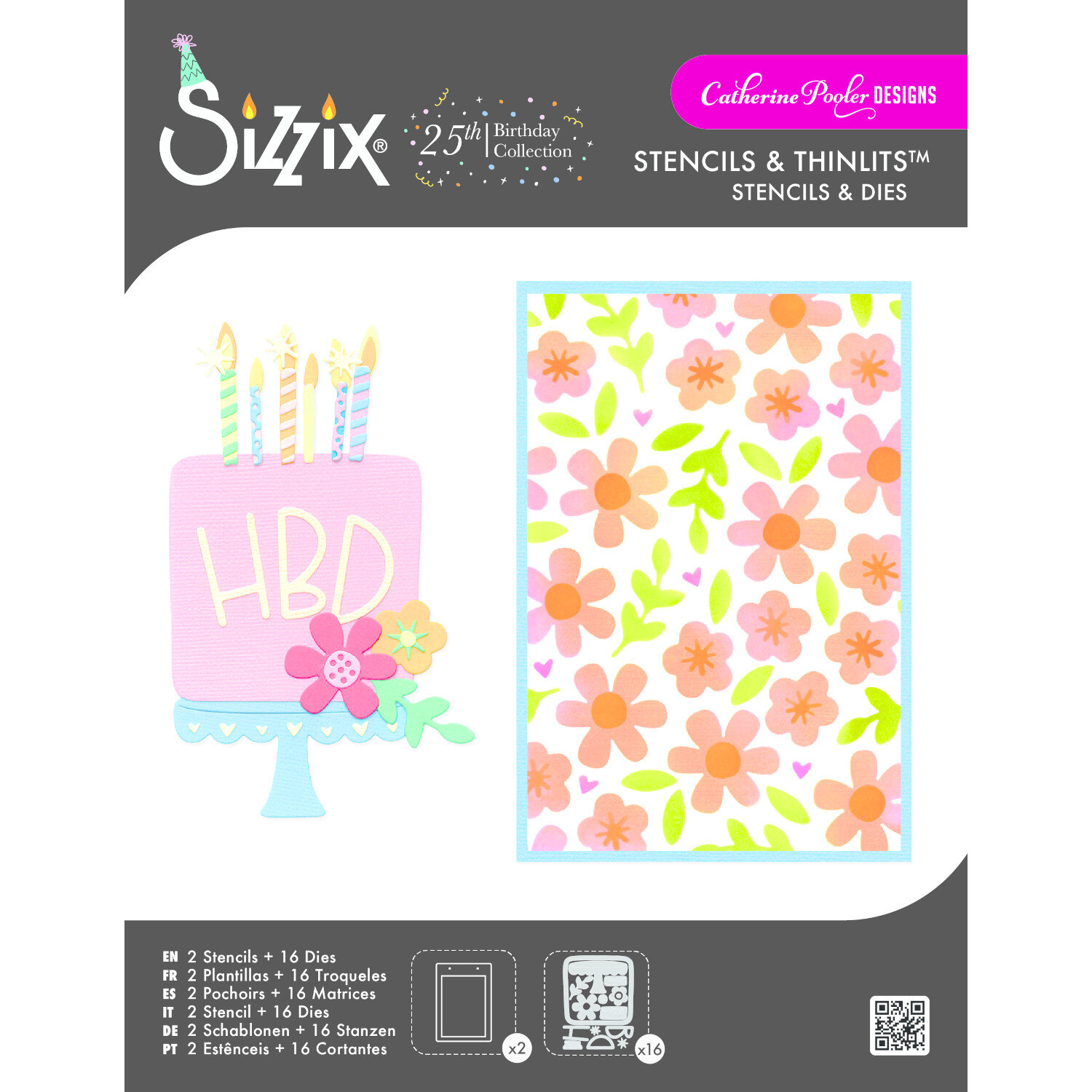 Sizzix Thinlits Die Set Let's Eat Cake 16Stück 2 Schablonen zeigt Torten- und Blumenmotive als Stanzformen und Schablonen für kreative Geburtstagskarten