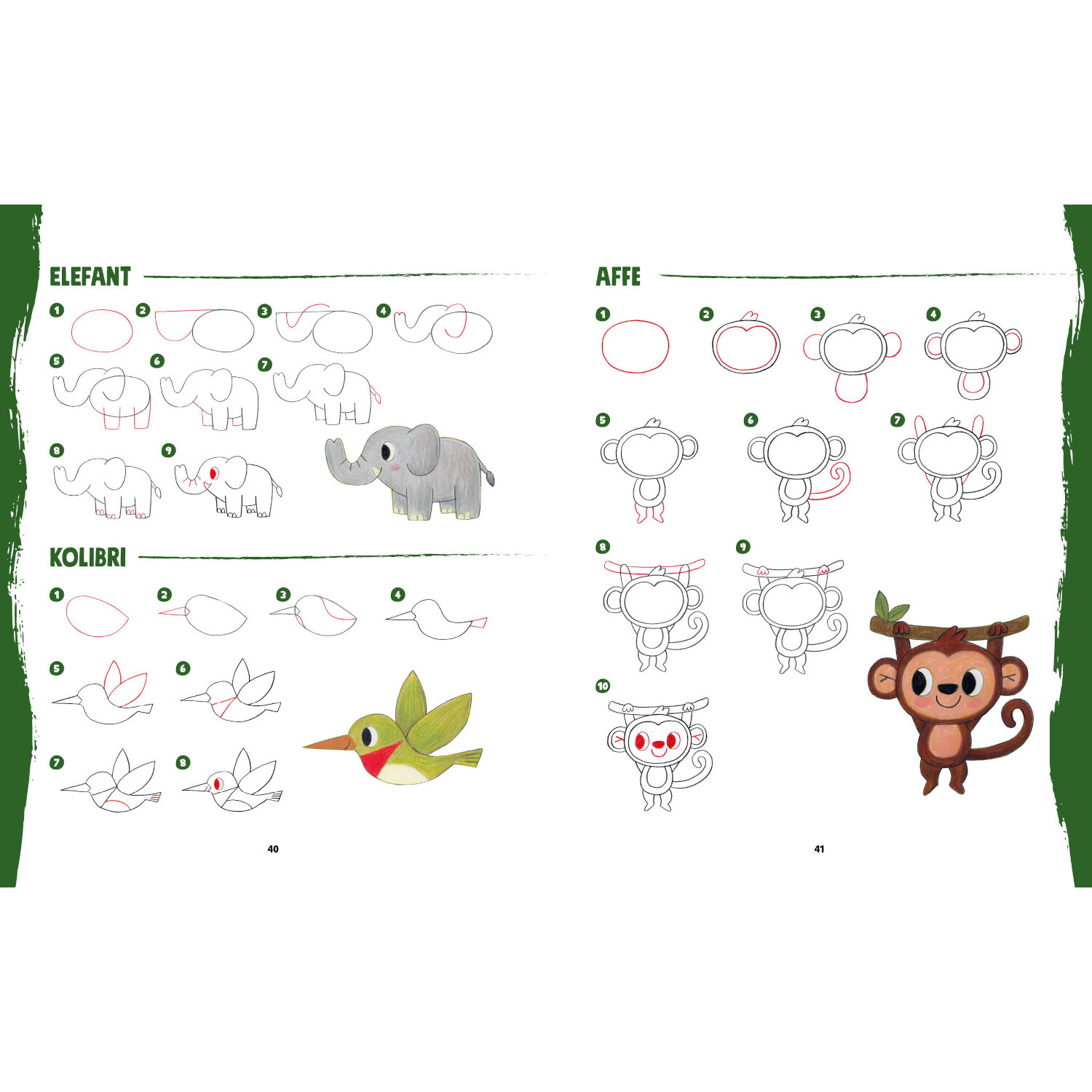 Tiere zeichnen für Kids: Schritt-für-Schritt-Anleitung zum Zeichnen von Elefant, Kolibri und Affe. Ideal für kreative Kinder.