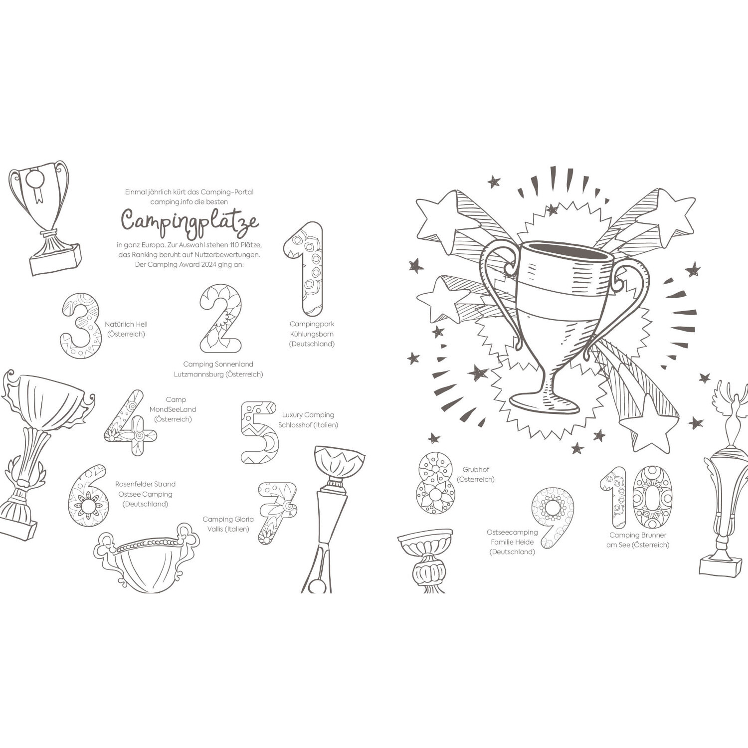 Ausmalreise Camping: Schwarz-weiße Malvorlage mit Pokalen und Zahlen, ideal für kreative Campingfreunde.