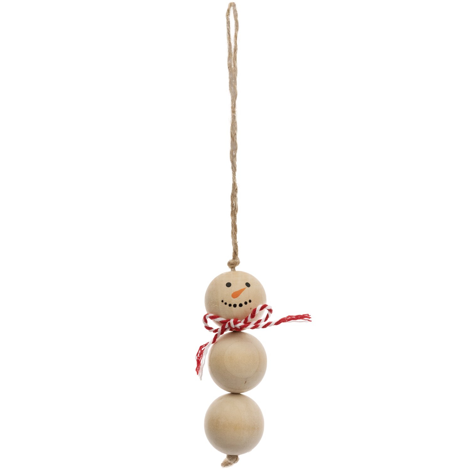 Hänger Schneemann Holzkugeln 3x9cm: Dekorativer Schneemann aus Holz mit rotem Schal, ideal für festliche Dekorationen.