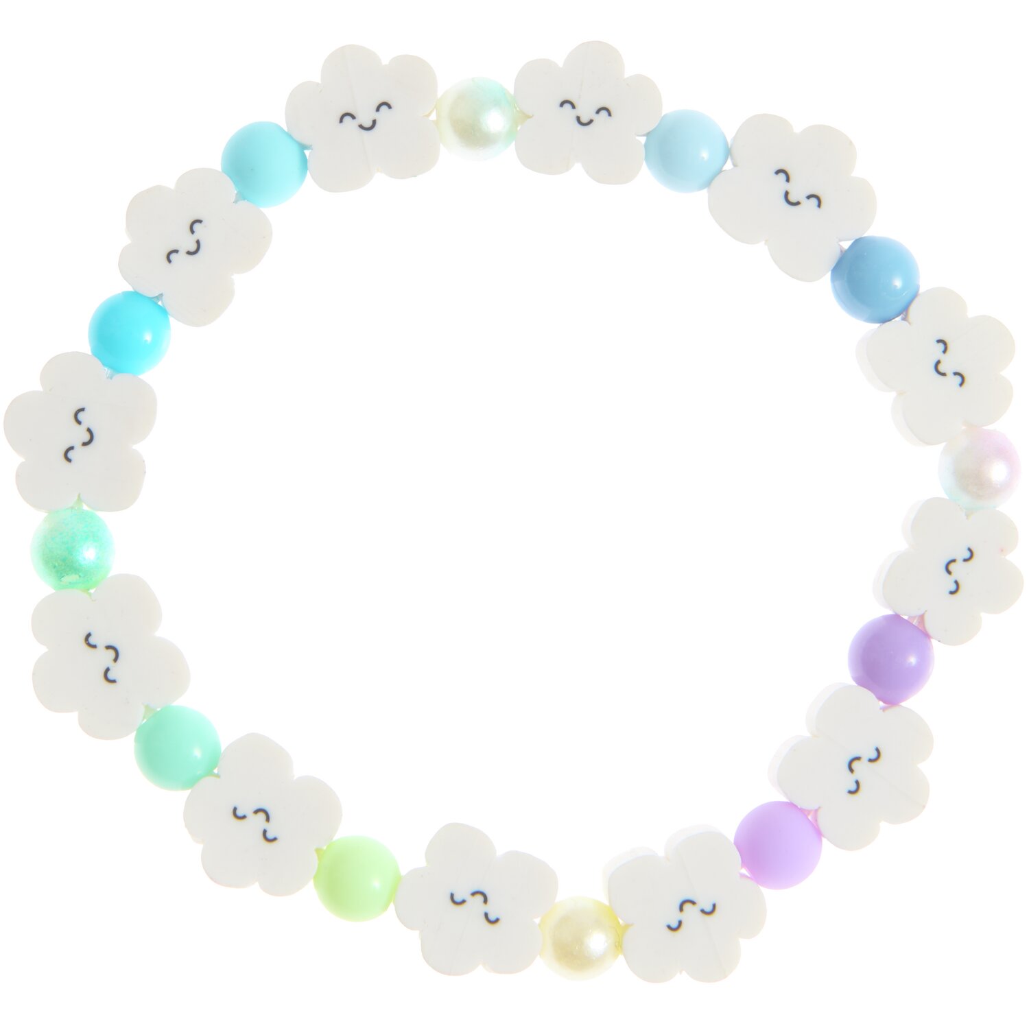 Armband Cloud Sunrise mit weißen Wolken und bunten Perlen in Pastelltönen, Länge 17,5 cm.