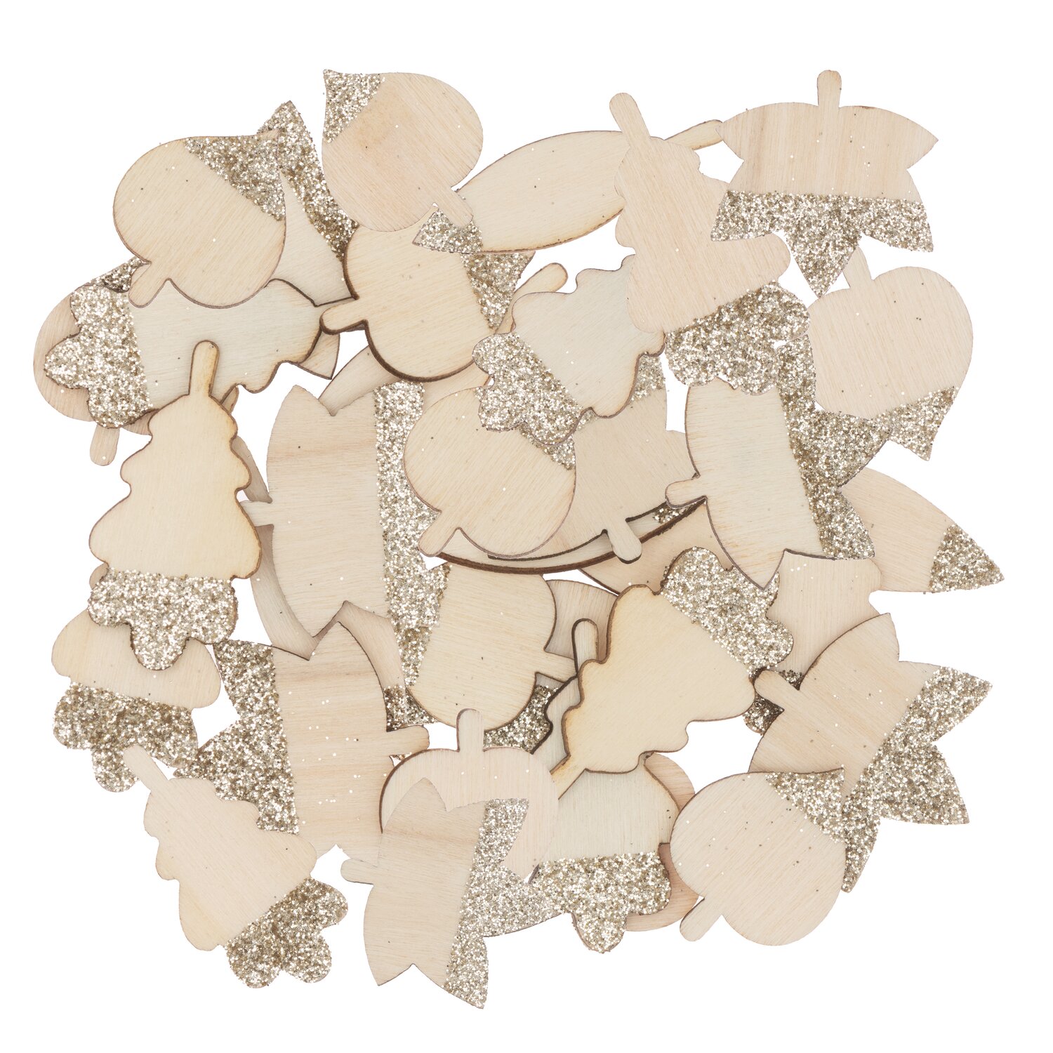 Holzstreu Blätter Mix mit Glitter natur-gold 48 Stück: Dekorative Holzblätter in Naturtönen mit goldenen Glitzereffekten, ideal für kreative Projekte.