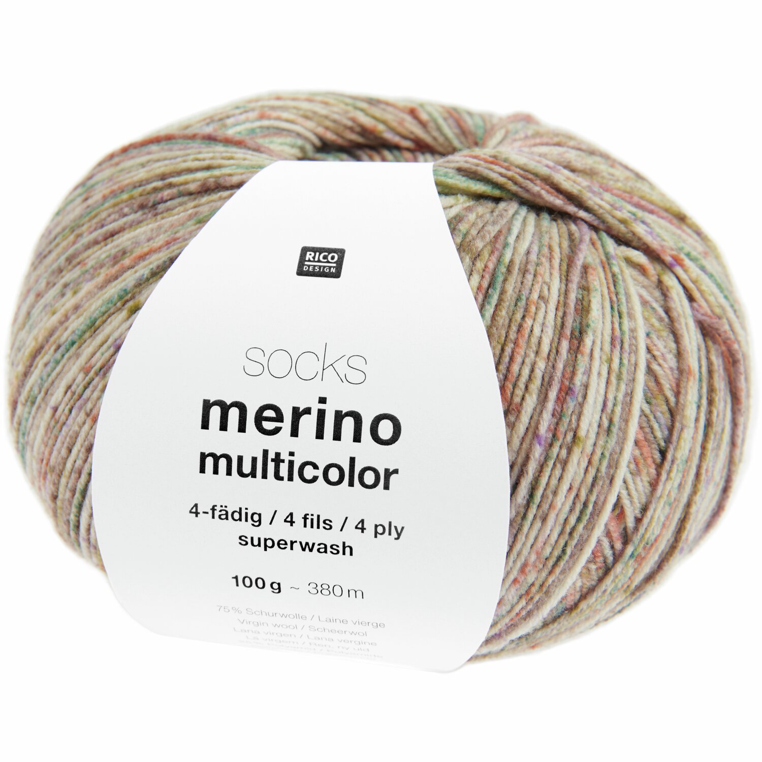 Socks Merino Multicolor 4-fädig: Bunte Wolle von Rico Design, 100g, 380m, ideal für Strickprojekte.