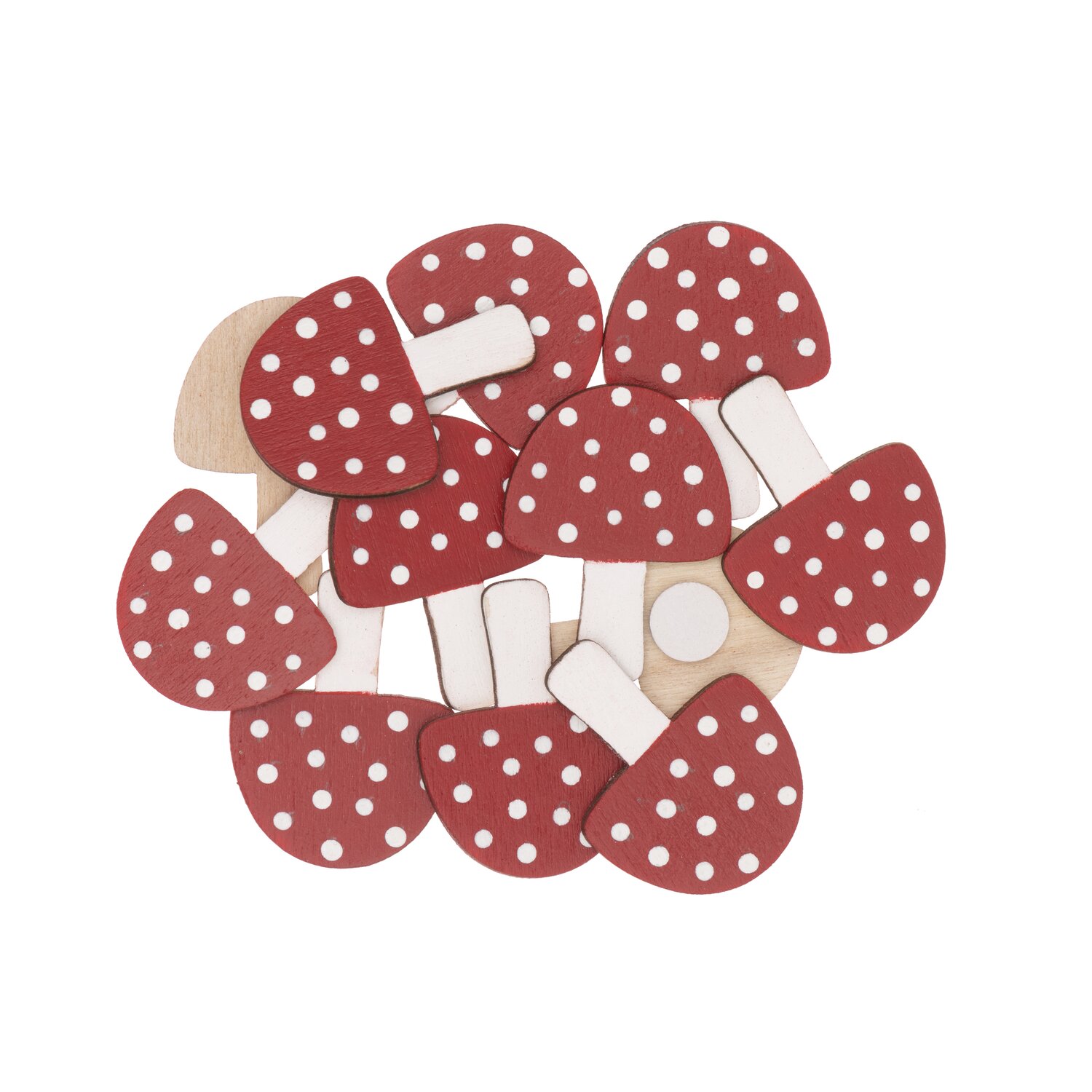 Holzsticker Pilz rot-weiß 12 Stück: Dekorative Pilzsticker in Rot mit weißen Punkten, ideal für Bastelprojekte.