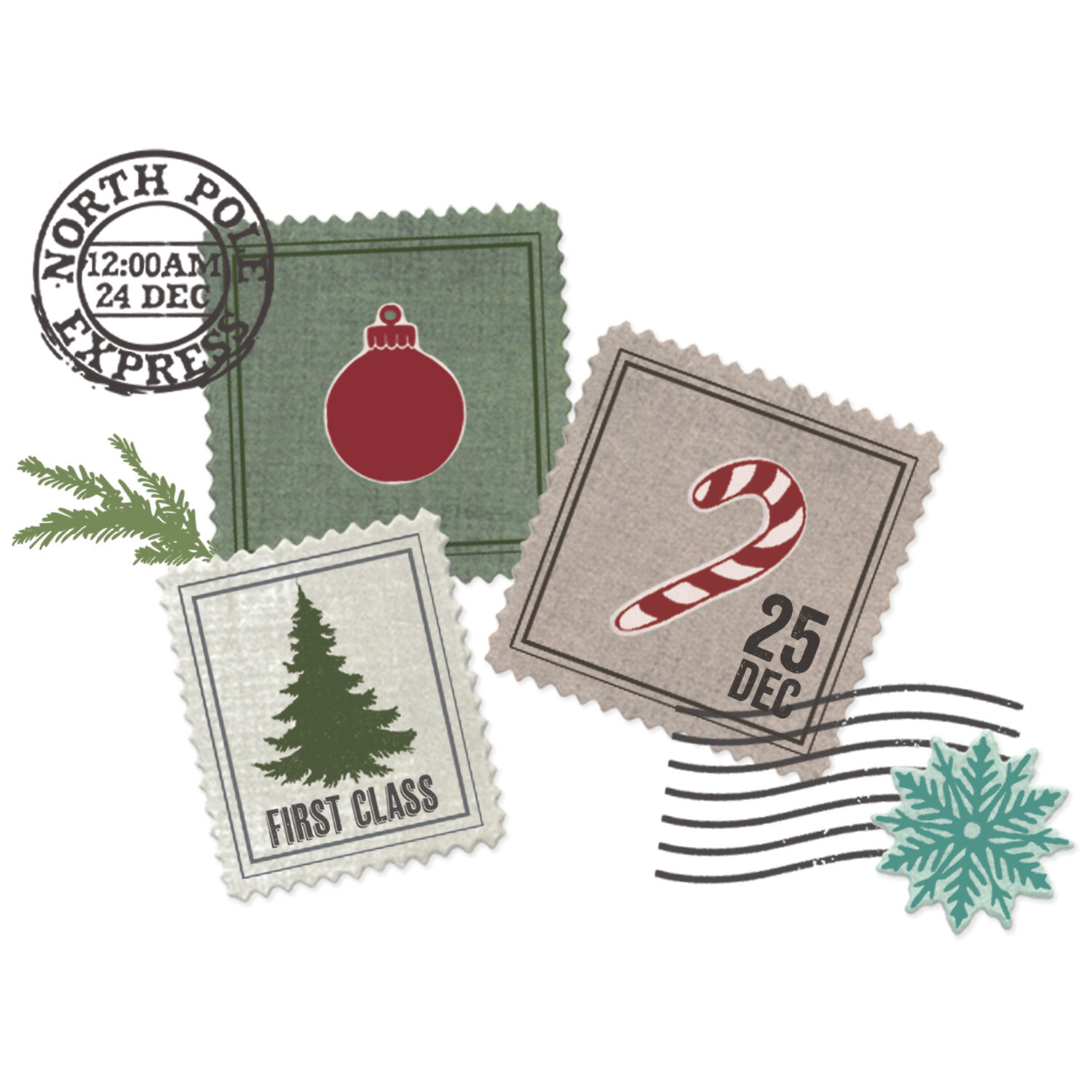Clear Stamps / Framelits Special Dilevery Briefmarken zeigen weihnachtliche Motive wie Baum, Zuckerstange und Kugel in festlichen Farben.