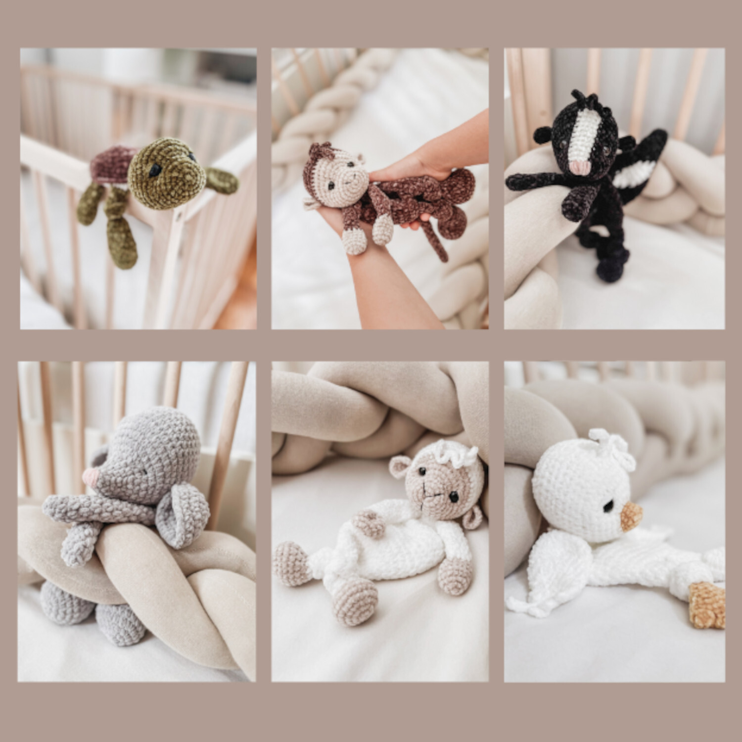 Schmuse-Schnuffels häkeln: Sechs gehäkelte Kuscheltiere in sanften Farben auf einem Babybett.