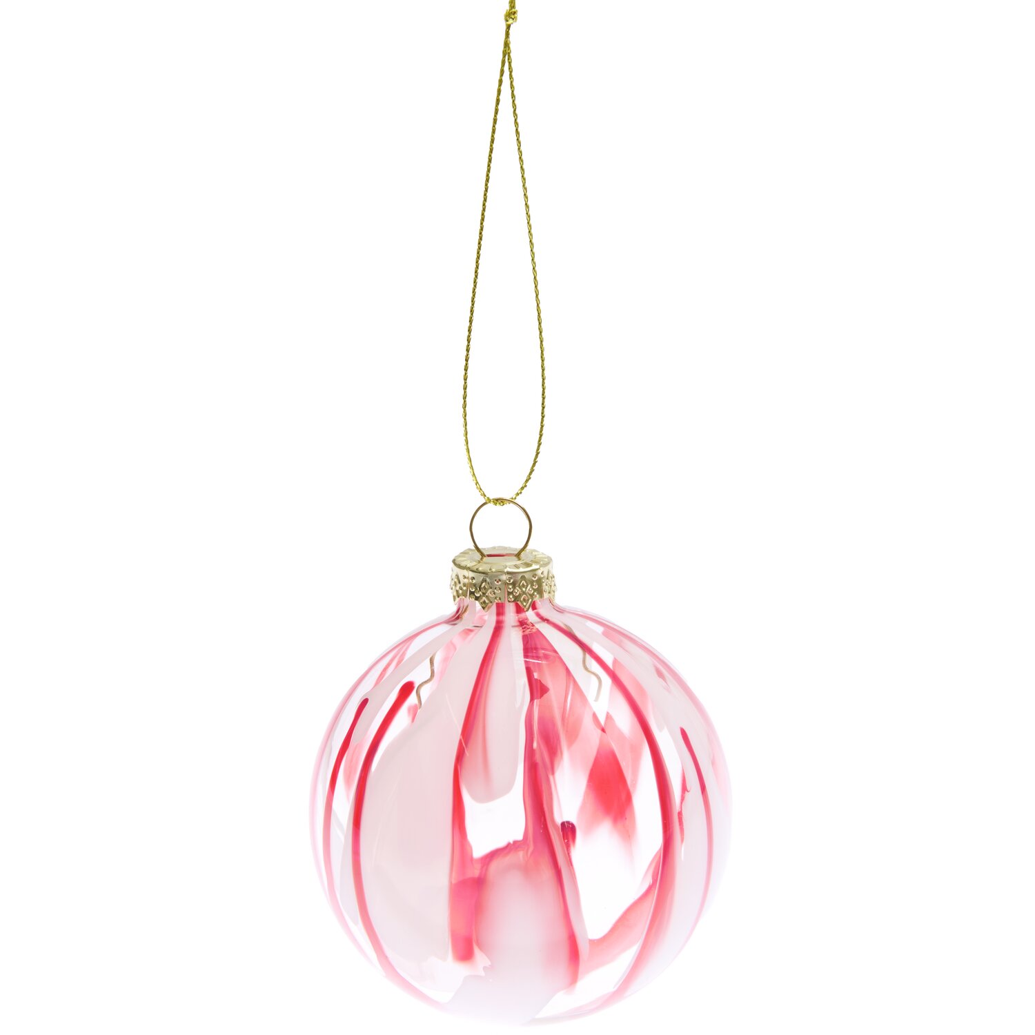 Glaskugel klar Rot/Weiß von Rico Design mit elegantem Muster und goldener Aufhängung.