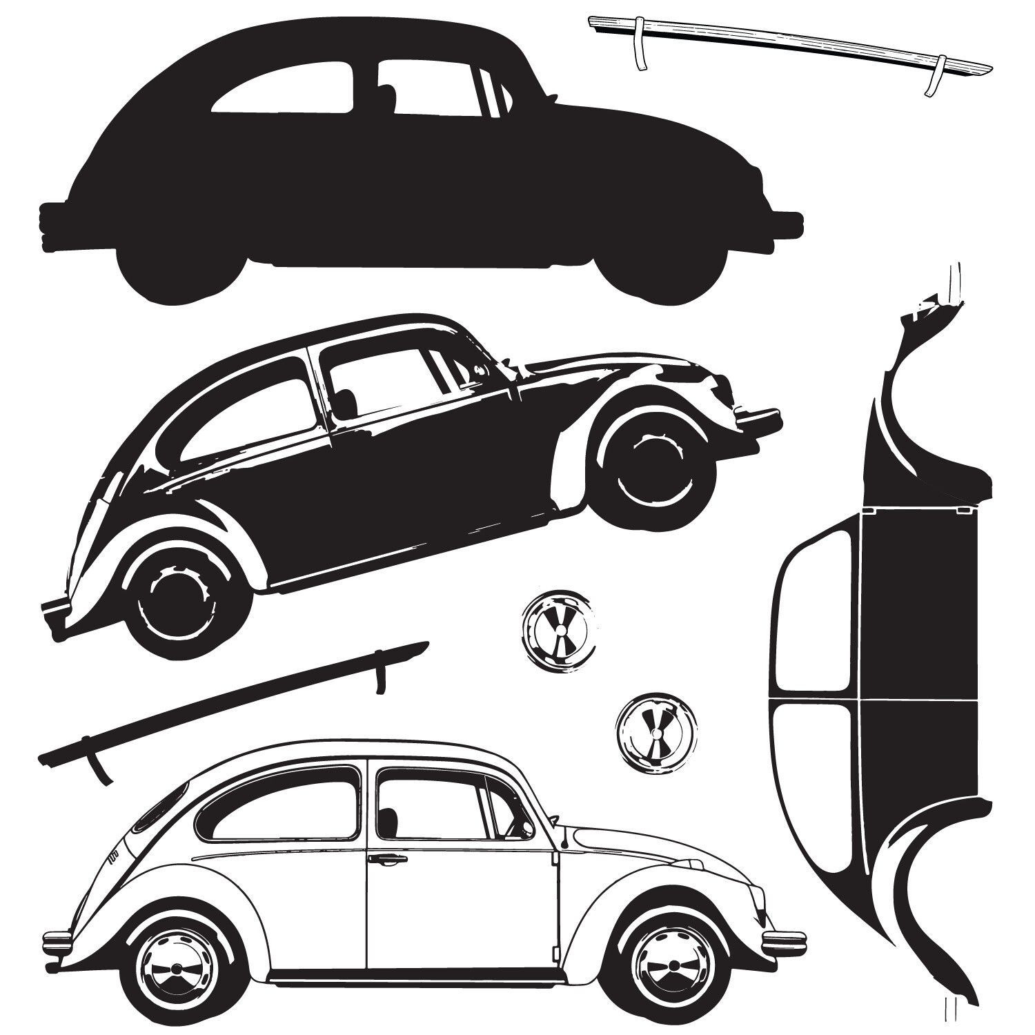 Clear Stamps \/ Framelits Journey Home Auto, 10-teilig, schwarz-weiß, mit klassischen Autodesigns. Ideal für kreative Bastelprojekte.