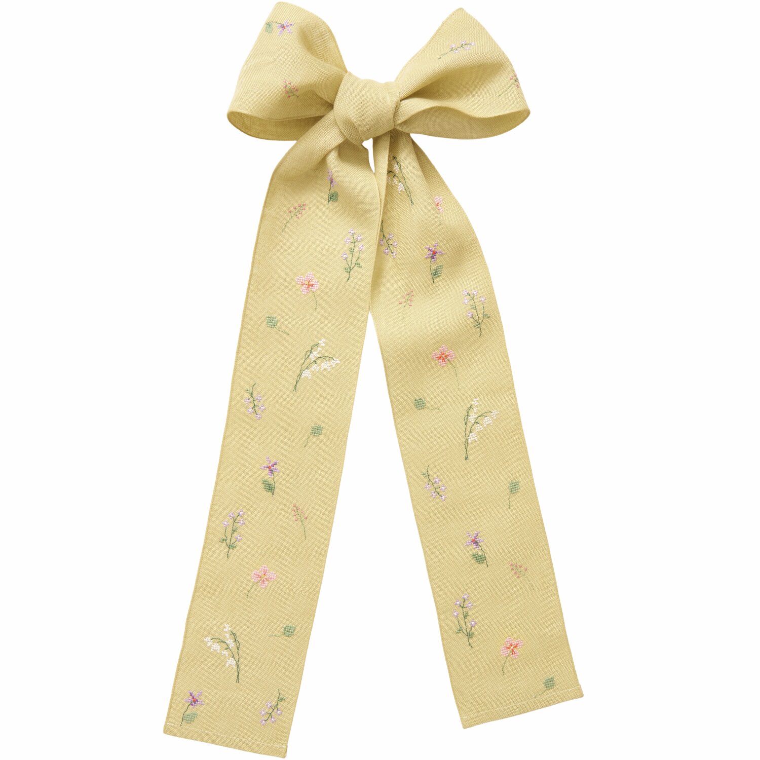 Stickpackung Gezählter Kreuzstich Schleife Wiesenblumen, 30x54cm, mit floralen Mustern auf salbeifarbener Schleife von Rico Design.