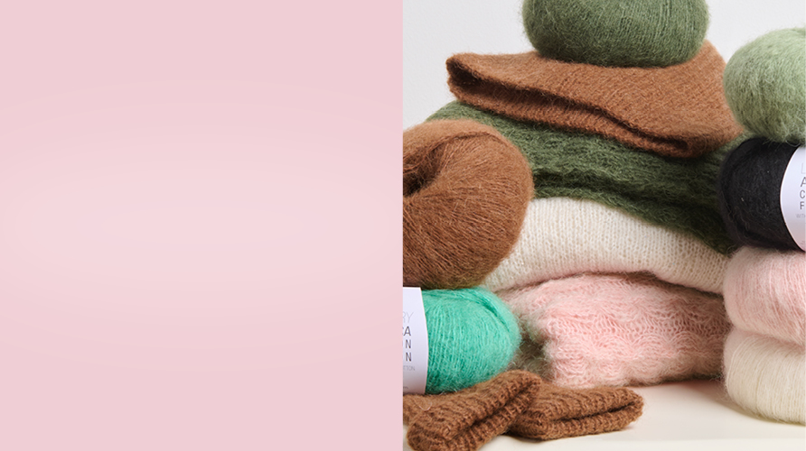 Rosafarbene Fläche und Bild mit Wollknäuel und Strickstücken in unterschiedlichen Farben