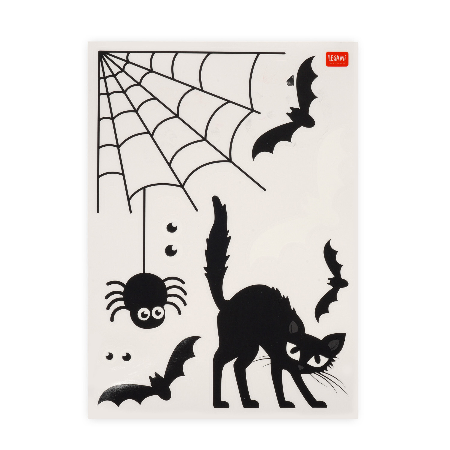 Fenster Sticker Windo-Wow: Schwarze Halloween-Motive mit Katze, Spinne und Fledermäusen, 35-teilig. Marke: Legami.