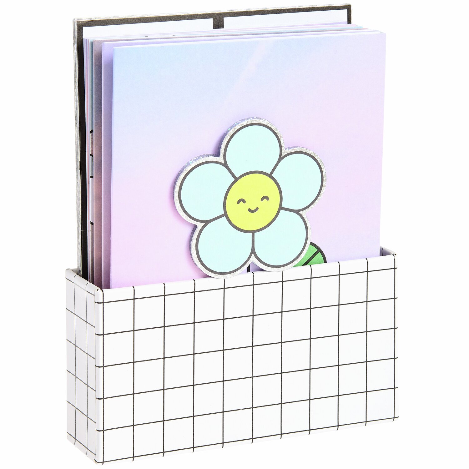 Paper Poetry 3D-Kartenset Chingu mit lächelnder Blume auf pastellfarbenem Hintergrund in B6-Format. Verpackung im karierten Design.