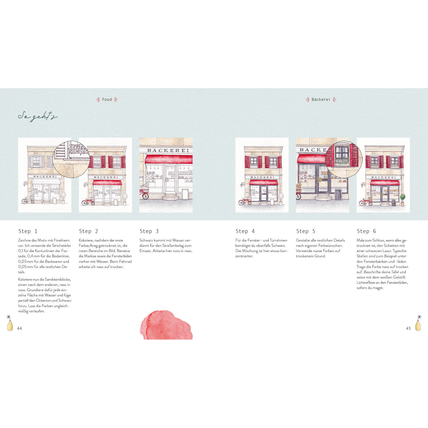 Watercolor - Little Shops: Anleitung zur Erstellung von Aquarell-Geschäften mit Schritt-für-Schritt-Anweisungen auf hellem Hintergrund.