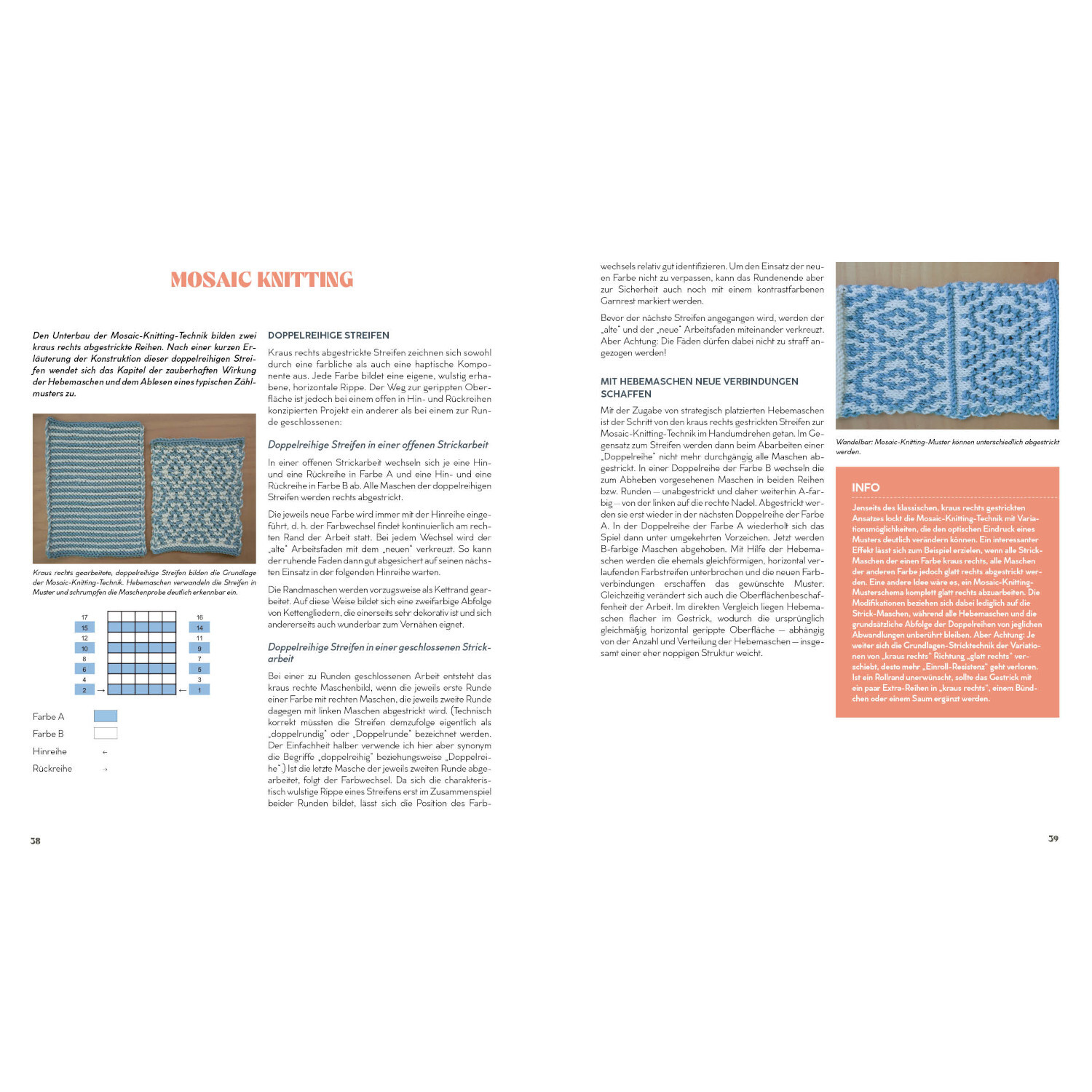 Strickmusterbibel - Hebemaschen: Doppelseite mit blauen Strickmustern und Anleitungen.