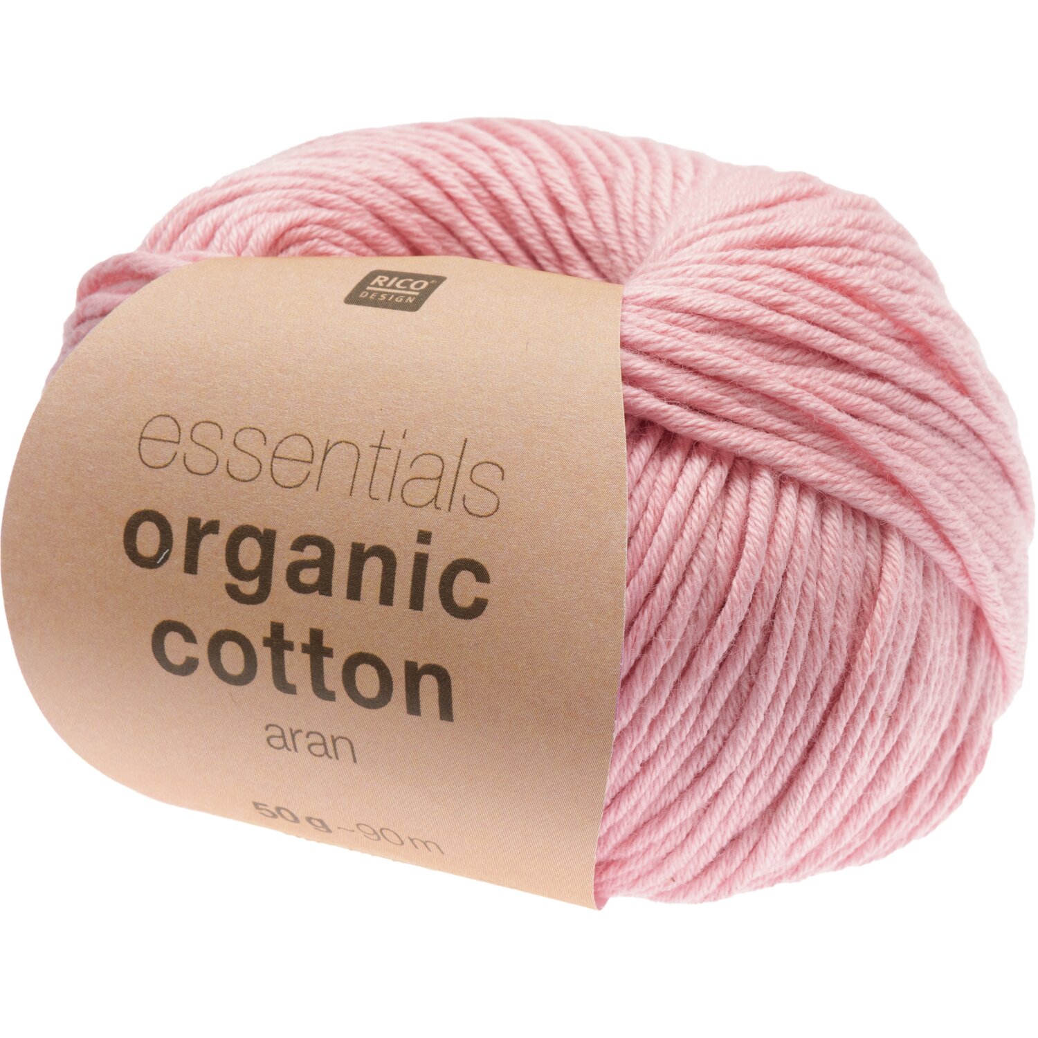 Essentials Organic Cotton aran: Weiches, rosa Garn von Rico Design, 50g, 90m, ideal für umweltfreundliche Strickprojekte.