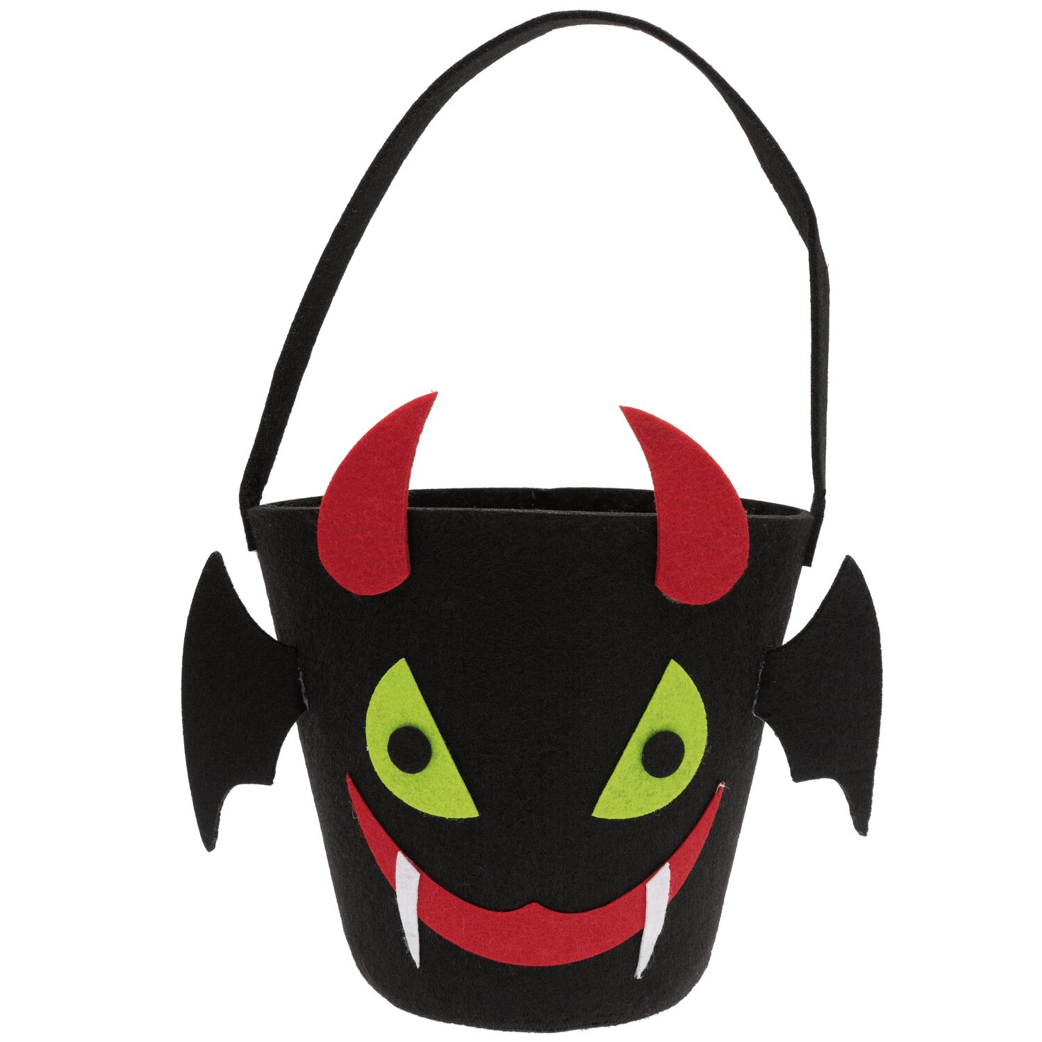 Halloween Filzkorb schwarz 16x16cm mit Teufelsgesicht, roten Hörnern und Flügeln, ideal für Süßigkeiten.