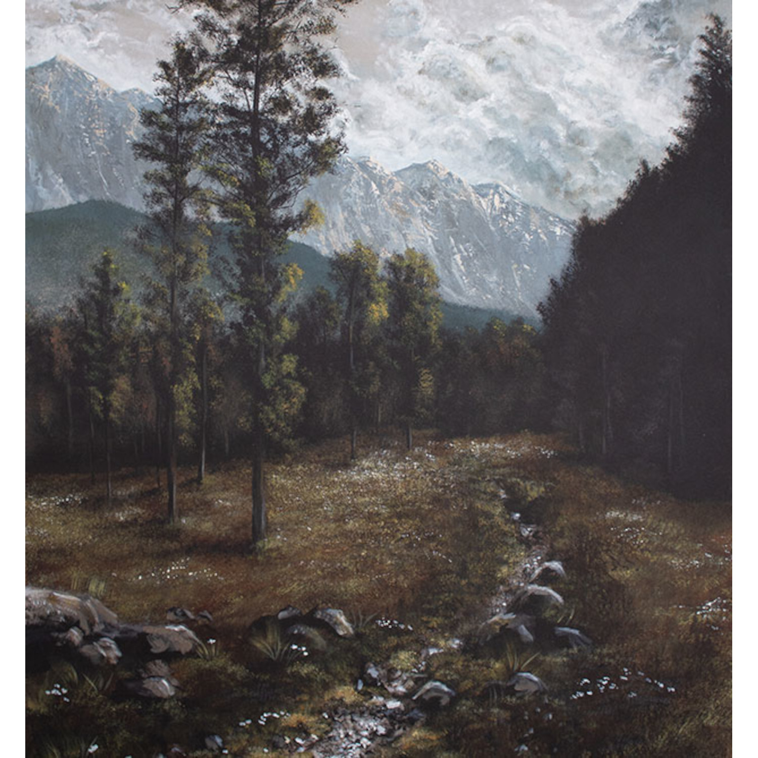 Romantische Natur - Traumlandschaften in Acryl malen: Malerei einer Berglandschaft mit Bäumen und Wolken, in natürlichen Farben gehalten.