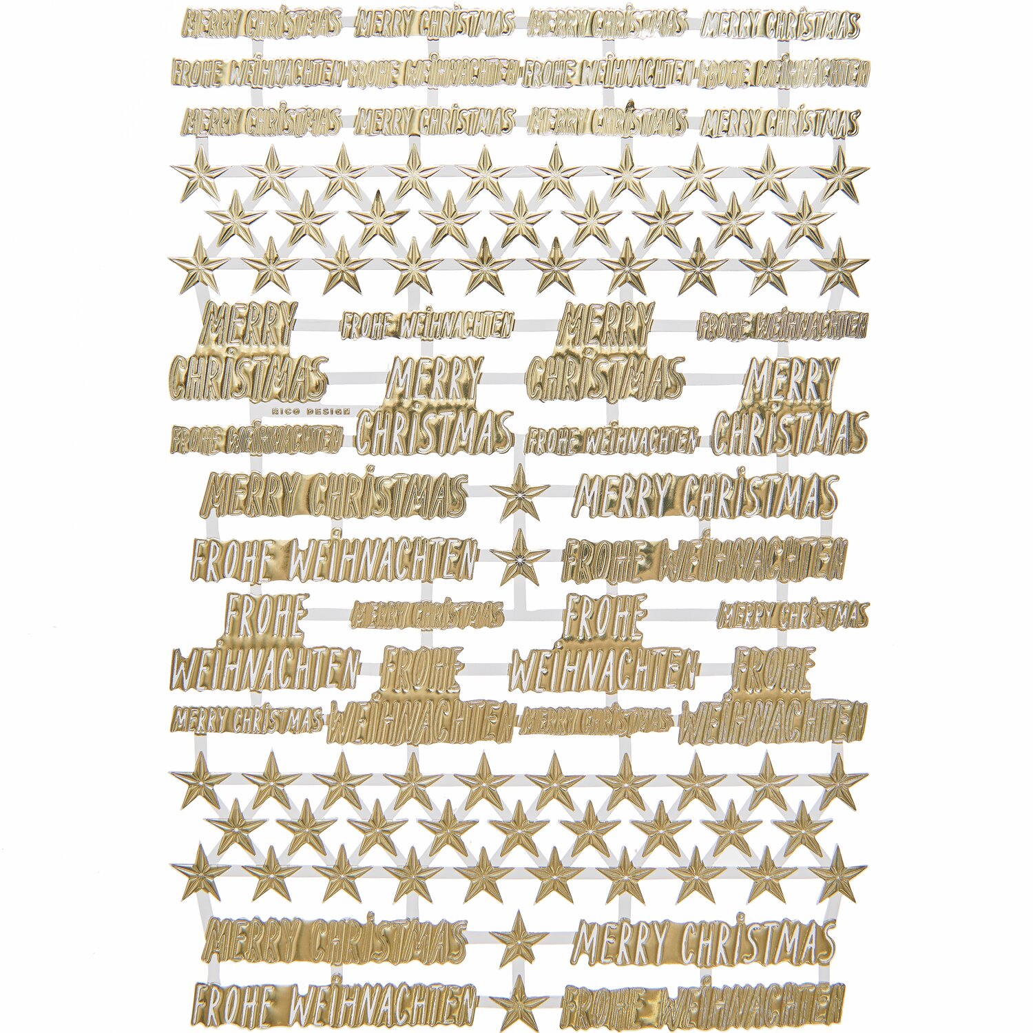 Paper Poetry Glanzbilder Handlettering: Goldene Weihnachtsgrüße und Sterne auf einem Blatt von Rico Design. Perfekt für festliche Dekorationen.