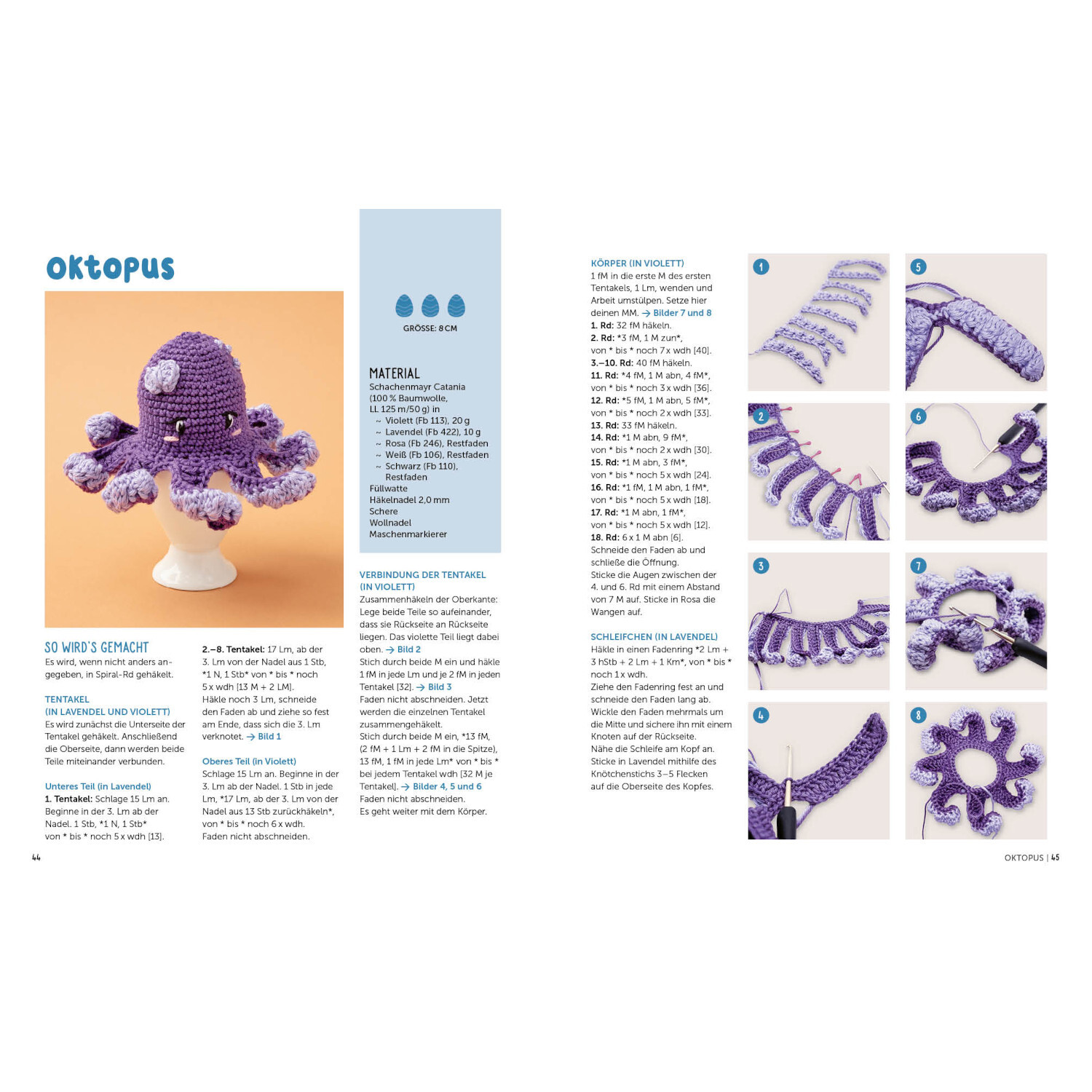 Eggtastic häkeln - Niedliche Eierwärmer: Lila gehäkelter Oktopus auf orangefarbenem Hintergrund, Schritt-für-Schritt-Anleitung.