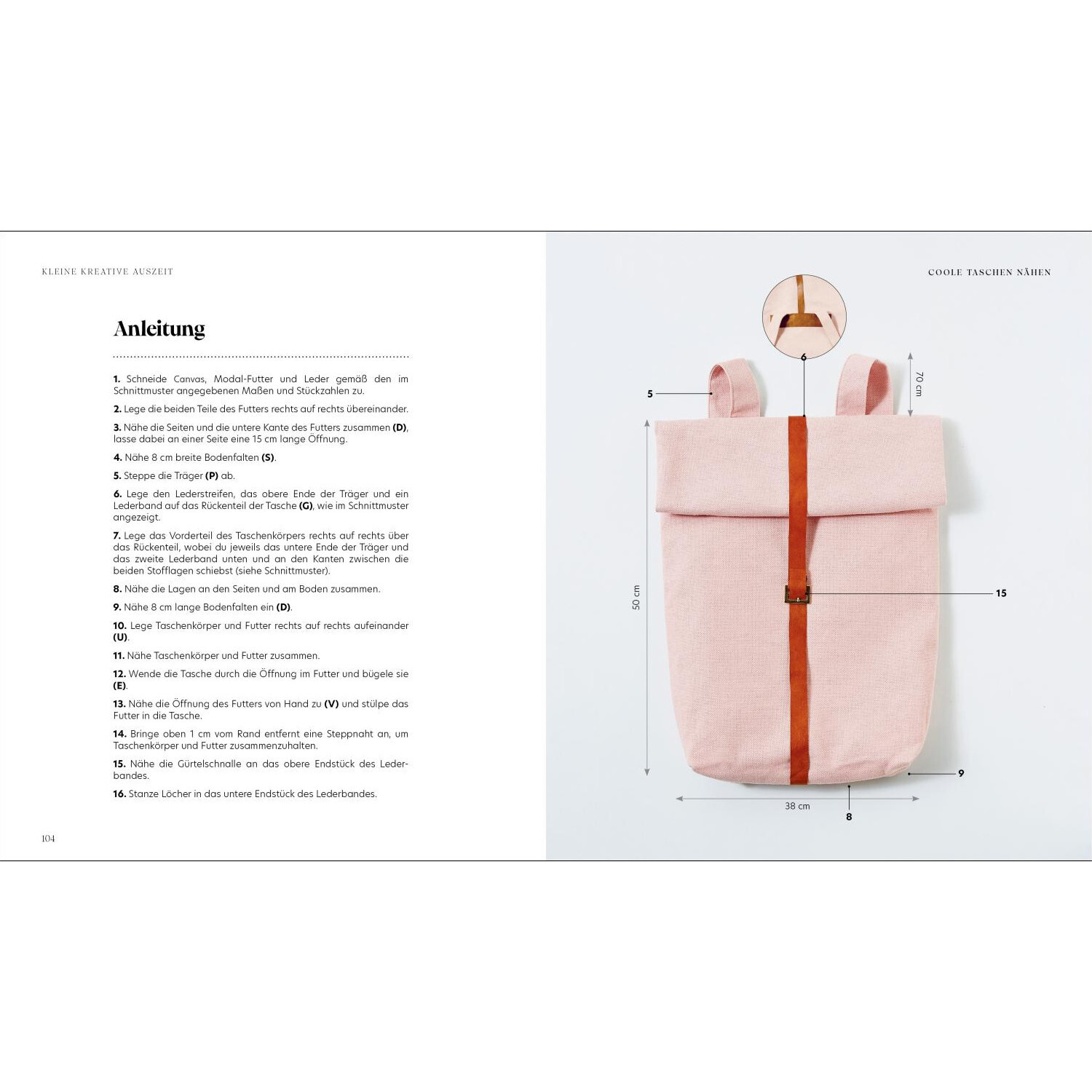 Kleine kreative Auszeit: Anleitung zum Nähen einer rosa Tasche mit braunem Streifen.