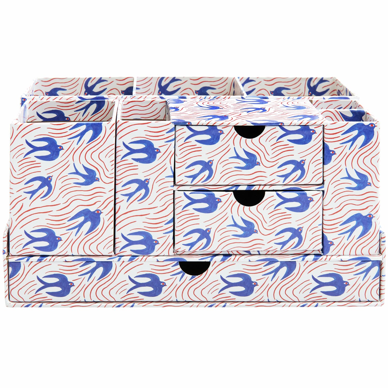 Office Box Midsommar Magic Schwalben mit blauem Schwalbenmuster auf weißem Hintergrund, 26x12,9x14,9cm. Ideal zur stilvollen Aufbewahrung.