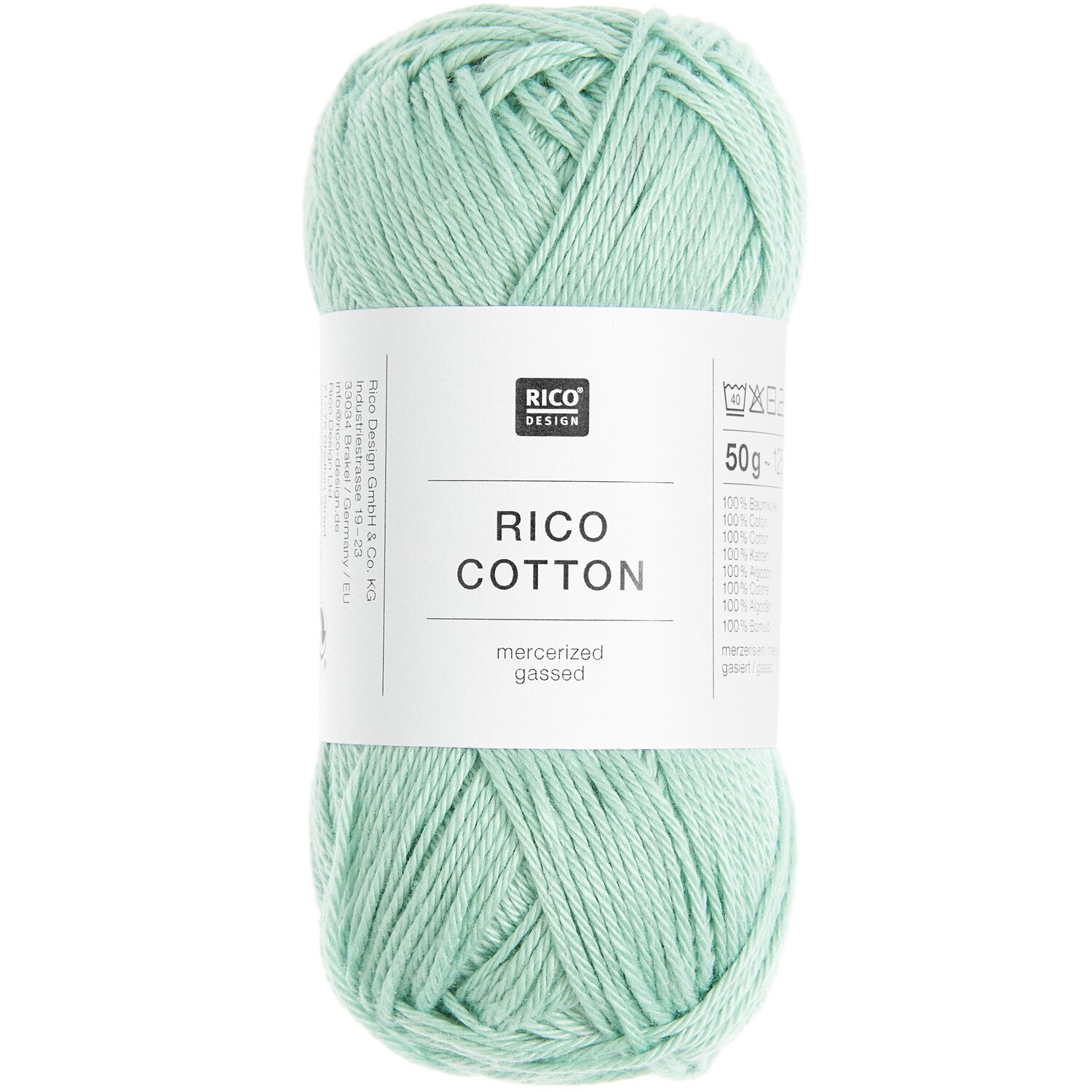 Rico Cotton: Weiches, mercerisiertes Baumwollgarn in Mint, 50g Knäuel, 125m Lauflänge. Ideal für Strick- und Häkelprojekte.
