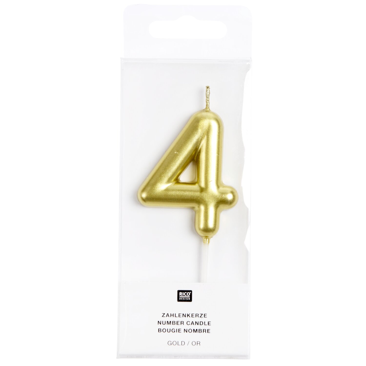 Zahlenkerze Gold, glänzende 4 von Rico Design in Blisterverpackung, dekorative Kerze mit Stiel für Geburtstagskuchen und Jubiläumsfeiern