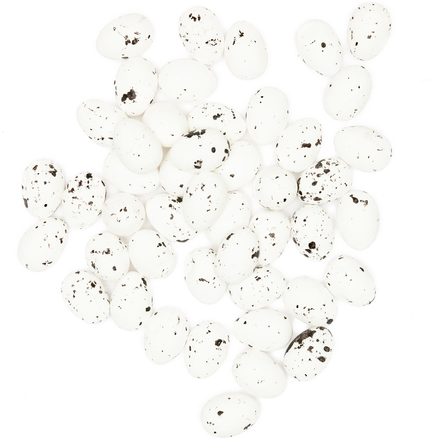 Eier aus Polyschaum weiß-schwarz 50 Stück, dekorative Schaumstoff-Eier mit schwarzen Sprenkeln.