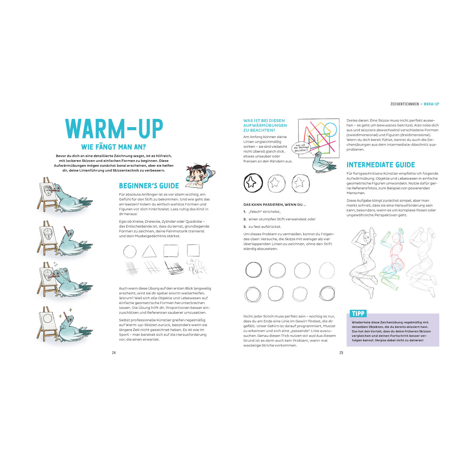 Manga-Academy – Die perfekte Figur zeichnen: Doppelseite mit Zeichentipps und Illustrationen.
