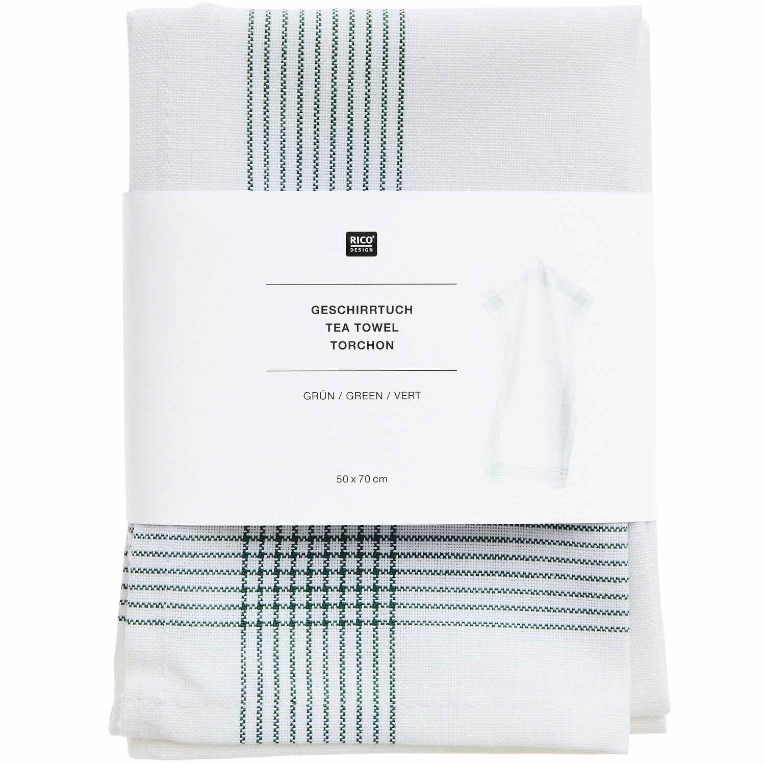 Geschirrtuch von Rico Design, 50x70cm, mit grünem Streifenmuster auf weißem Hintergrund.